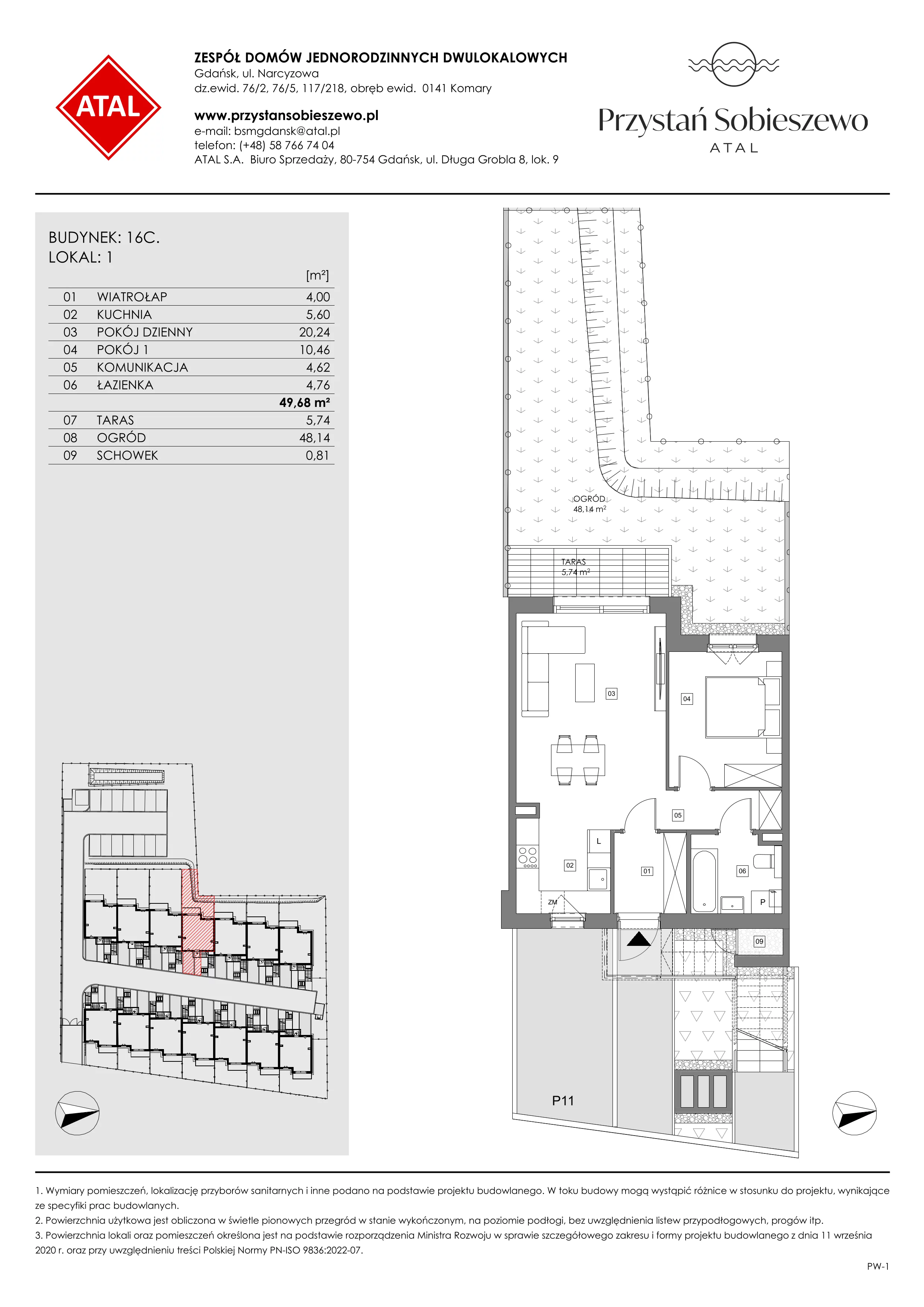 2 pokoje, mieszkanie 49,72 m², parter, oferta nr 16C.1, Przystań Sobieszewo, Gdańsk, Wyspa Sobieszewska, ul. Narcyzowa