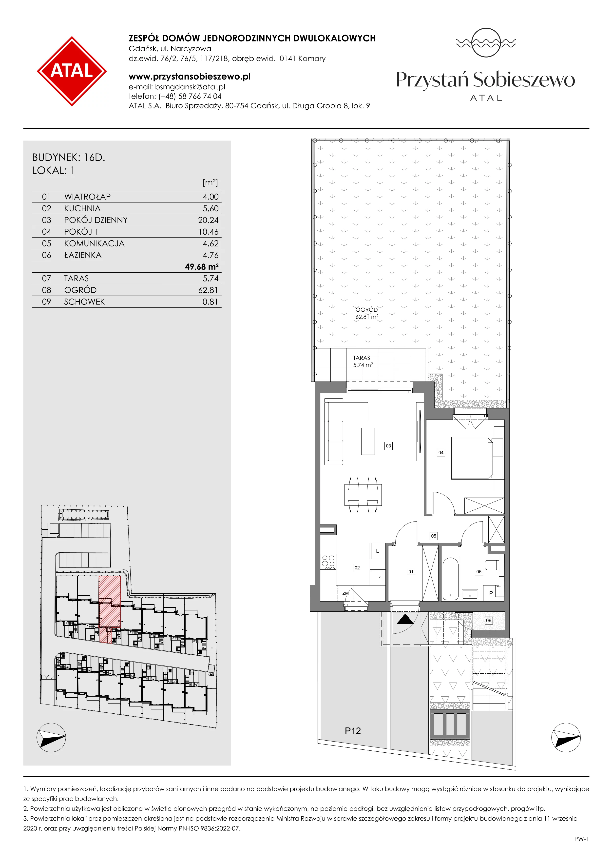2 pokoje, mieszkanie 49,72 m², parter, oferta nr 16D.1, Przystań Sobieszewo, Gdańsk, Wyspa Sobieszewska, ul. Narcyzowa
