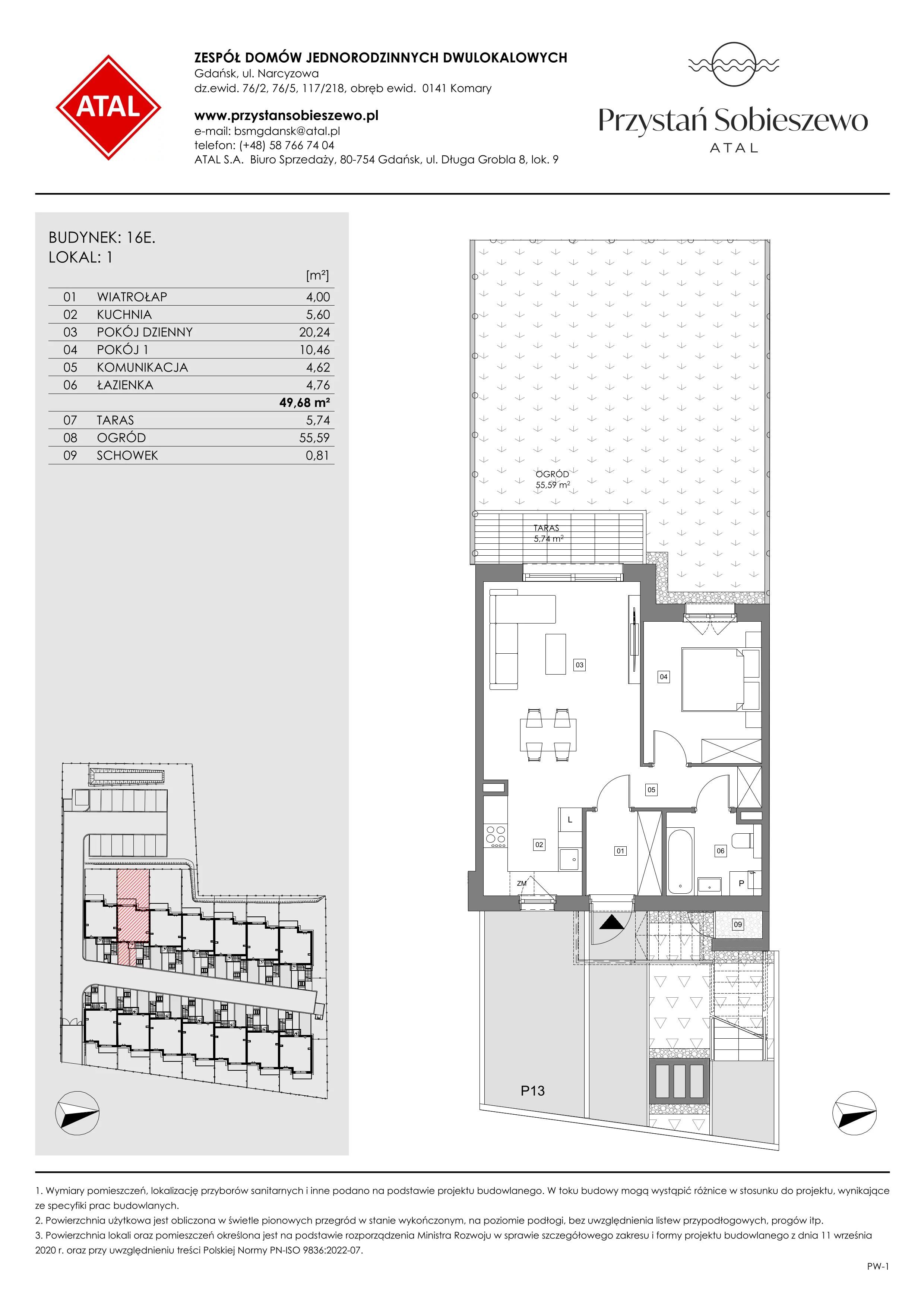 2 pokoje, mieszkanie 49,72 m², parter, oferta nr 16E.1, Przystań Sobieszewo, Gdańsk, Wyspa Sobieszewska, ul. Narcyzowa
