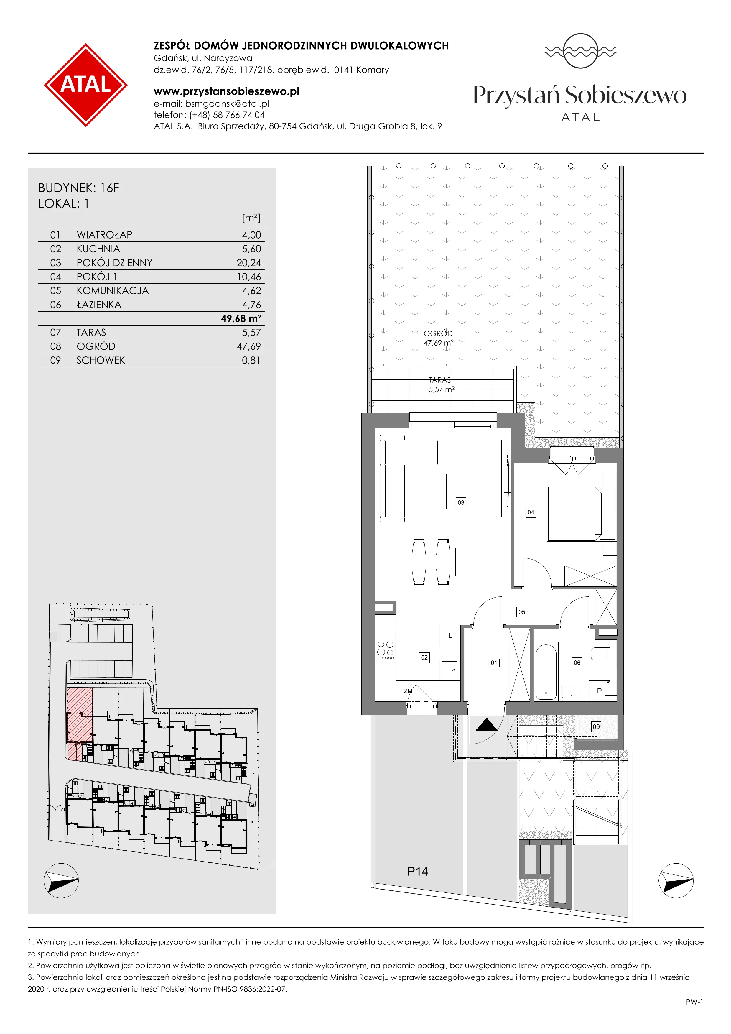 2 pokoje, mieszkanie 49,72 m², parter, oferta nr 16F.1, Przystań Sobieszewo, Gdańsk, Wyspa Sobieszewska, ul. Narcyzowa