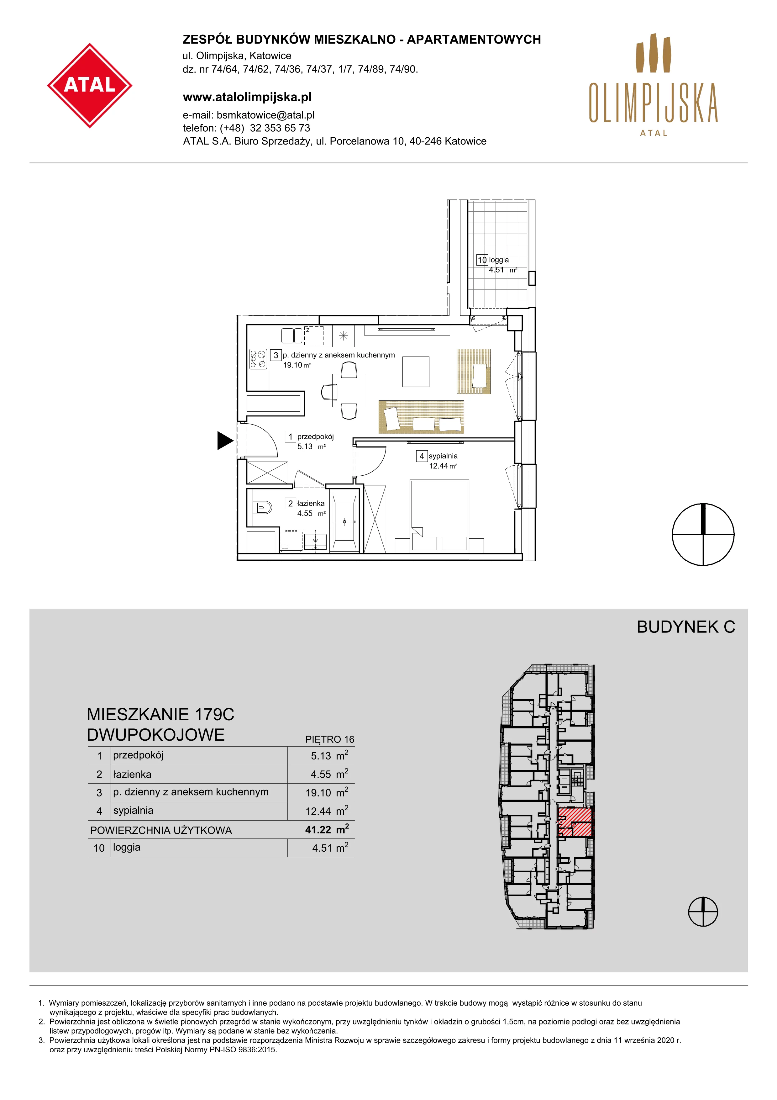 Mieszkanie 41,22 m², piętro 16, oferta nr C-16-179C, ATAL Olimpijska, Katowice, Bogucice, ul. Olimpijska / al. Korfantego