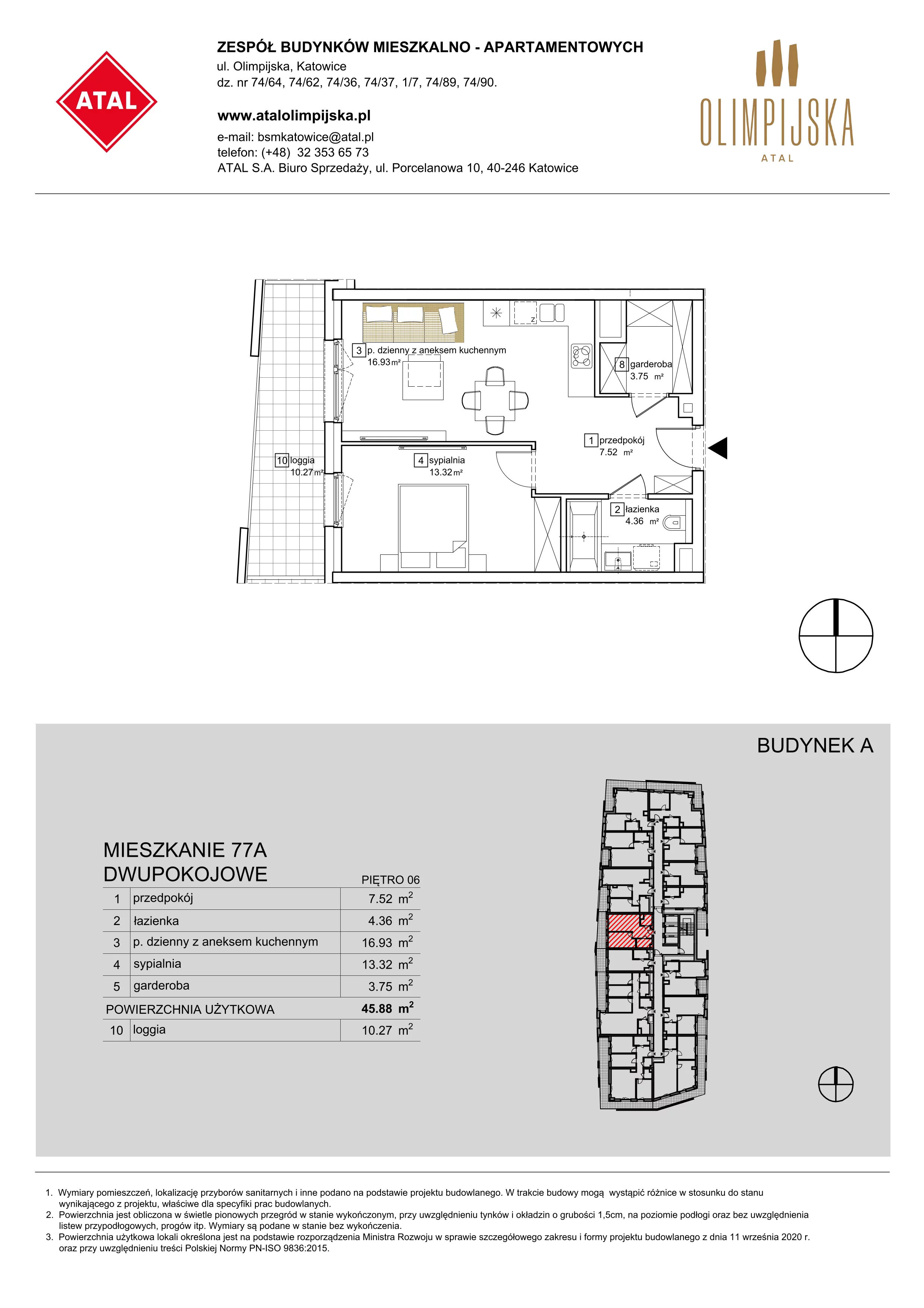 2 pokoje, apartament 45,68 m², piętro 6, oferta nr A-06-77A, ATAL Olimpijska, Katowice, Bogucice, ul. Olimpijska / al. Korfantego