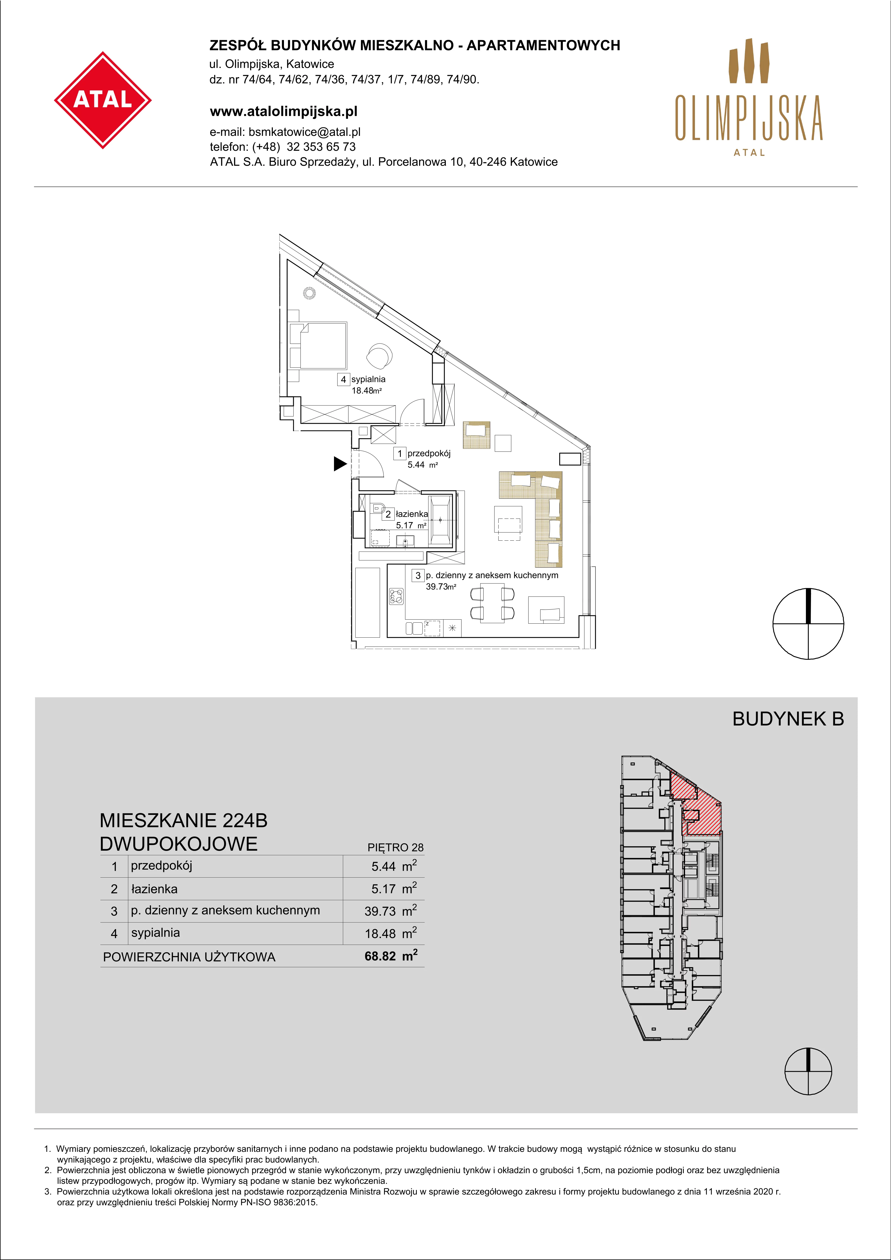 2 pokoje, apartament 68,82 m², piętro 28, oferta nr B-28-224B, ATAL Olimpijska, Katowice, Bogucice, ul. Olimpijska / al. Korfantego