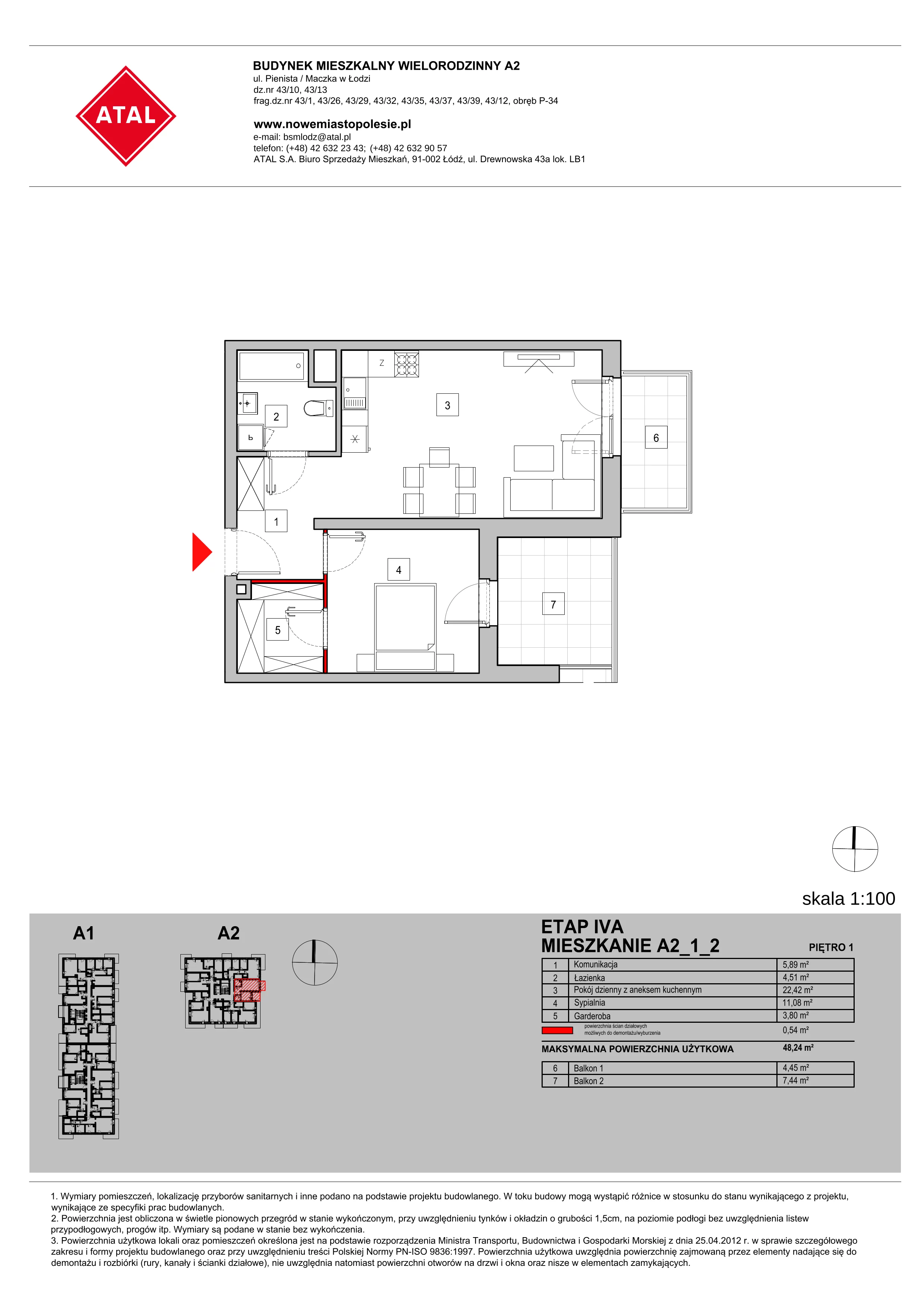 Mieszkanie 48,24 m², piętro 1, oferta nr A2_1_2, Nowe Miasto Polesie IV, Łódź, Polesie, Lublinek-Pienista, ul. Pienista