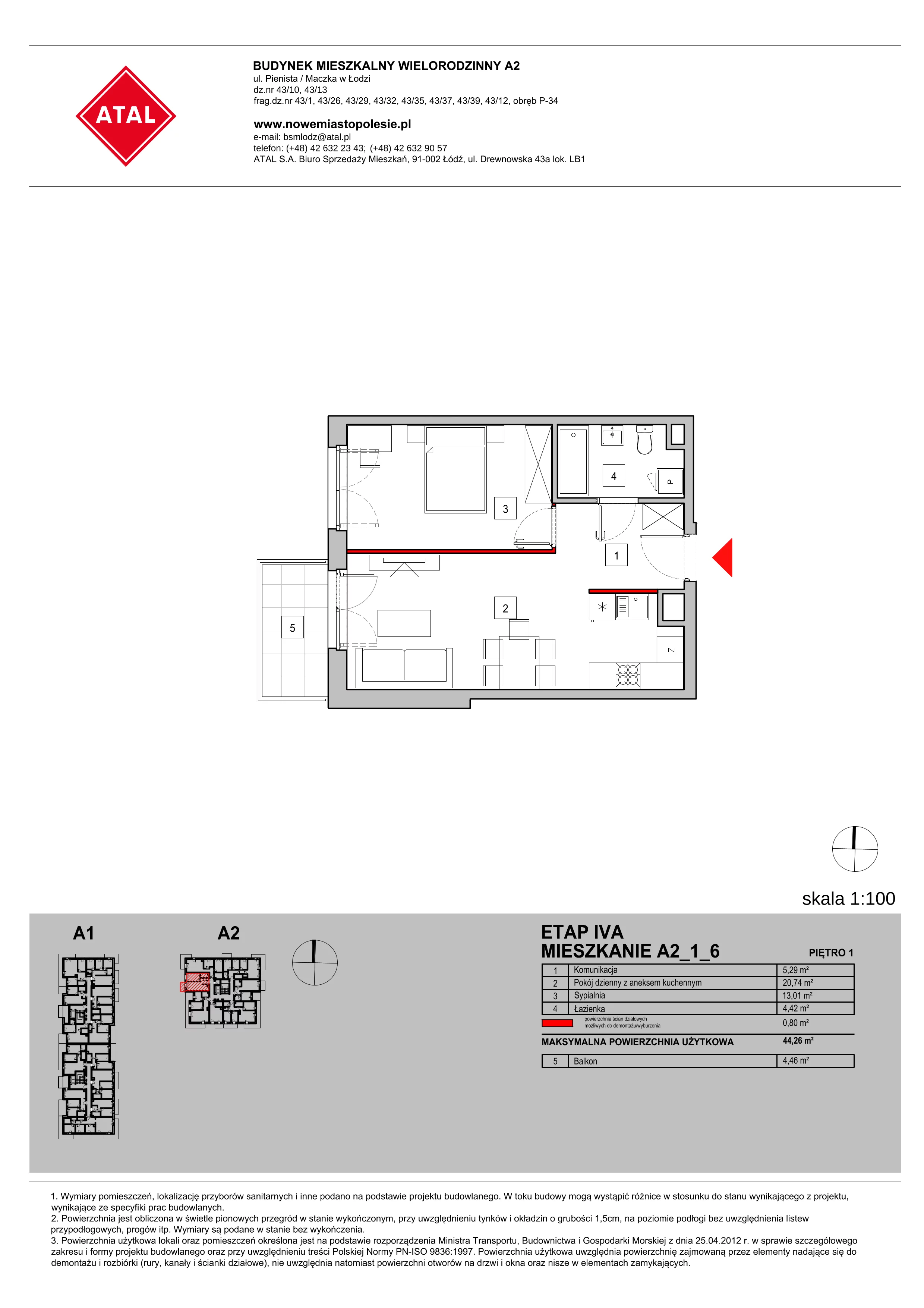 Mieszkanie 44,26 m², piętro 1, oferta nr A2_1_6, Nowe Miasto Polesie IV, Łódź, Polesie, Lublinek-Pienista, ul. Pienista