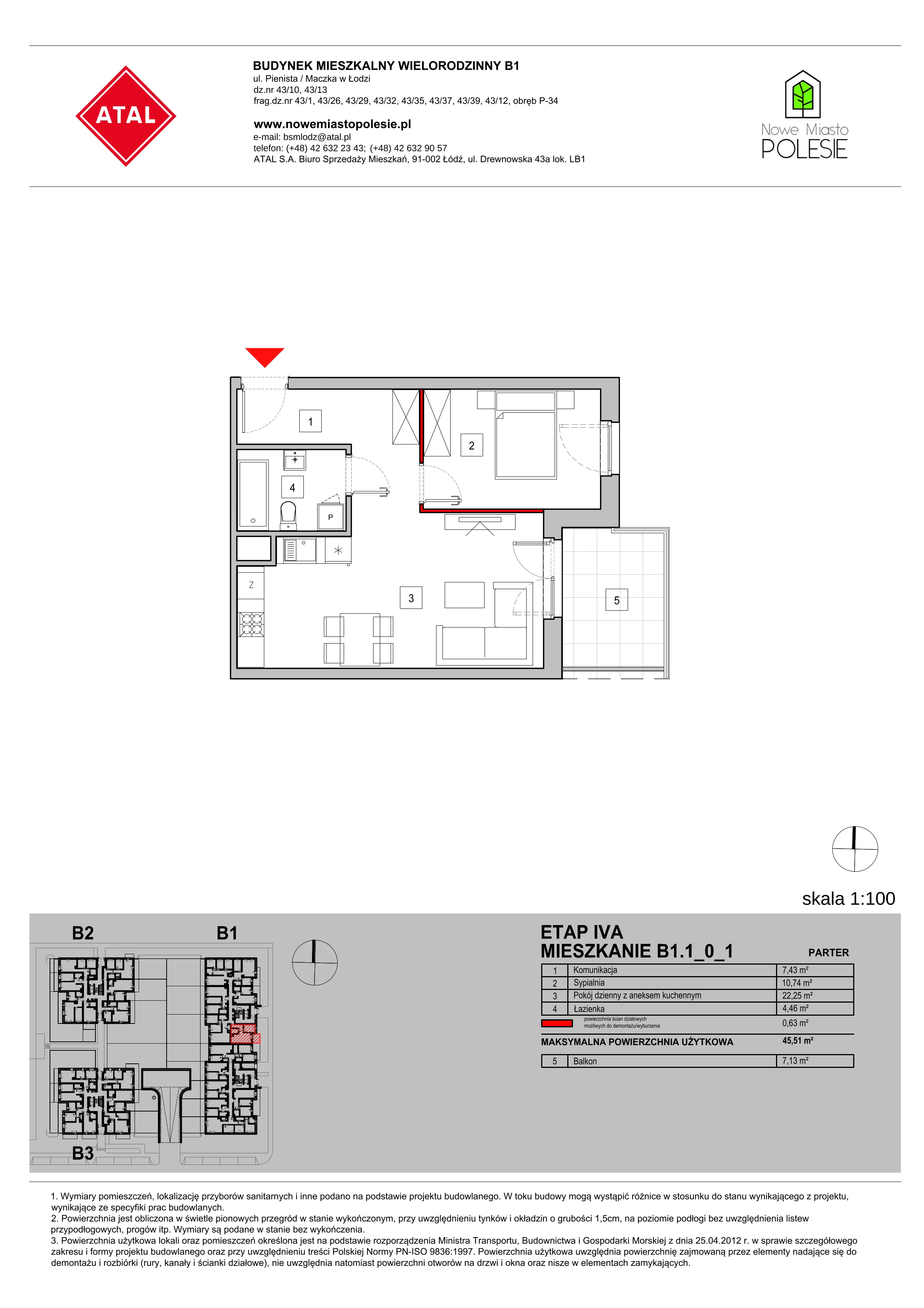 Mieszkanie 45,51 m², parter, oferta nr B1.1_0_1, Nowe Miasto Polesie IV, Łódź, Polesie, Lublinek-Pienista, ul. Pienista