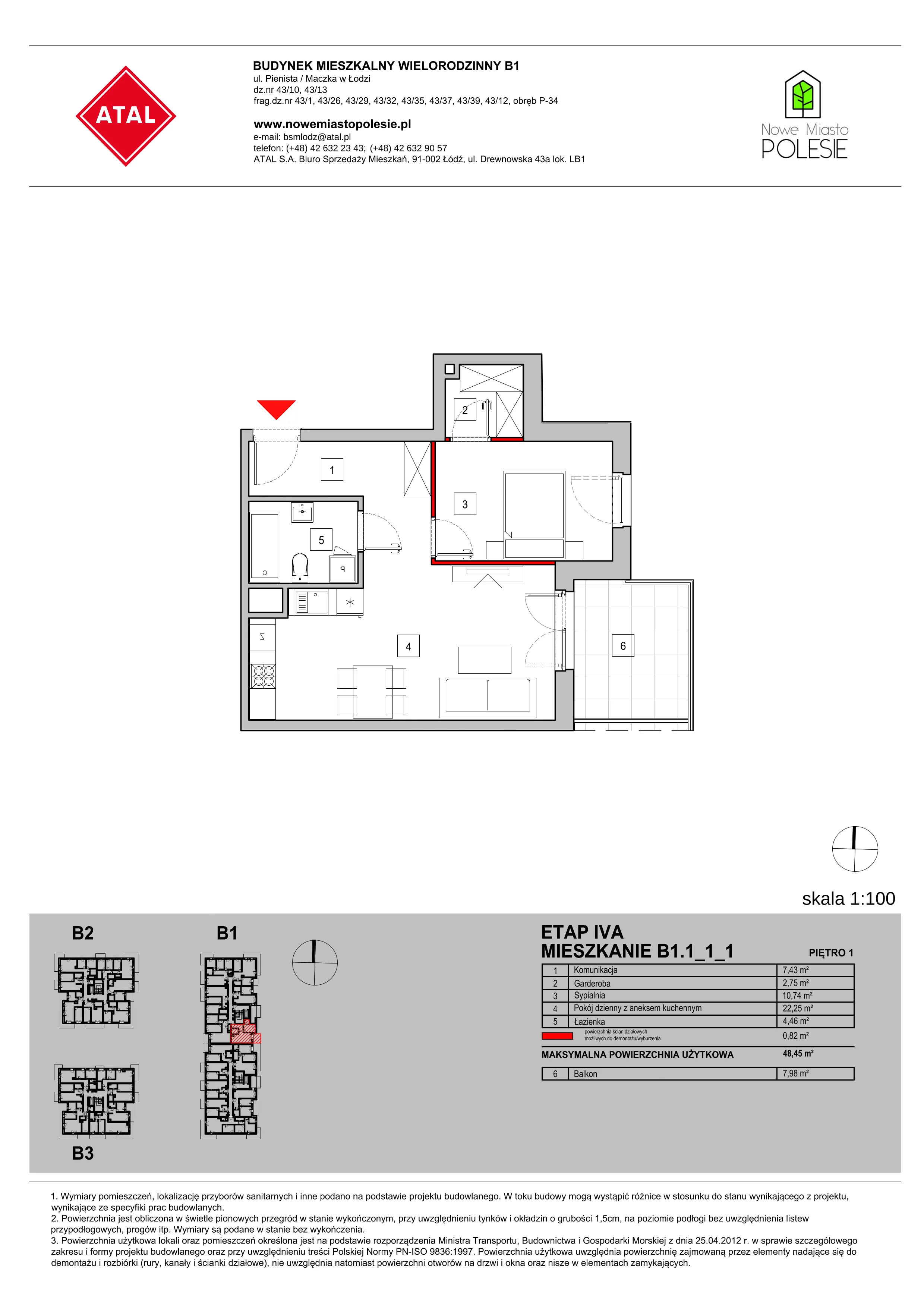 Mieszkanie 48,45 m², piętro 1, oferta nr B1.1_1_1, Nowe Miasto Polesie IV, Łódź, Polesie, Lublinek-Pienista, ul. Pienista