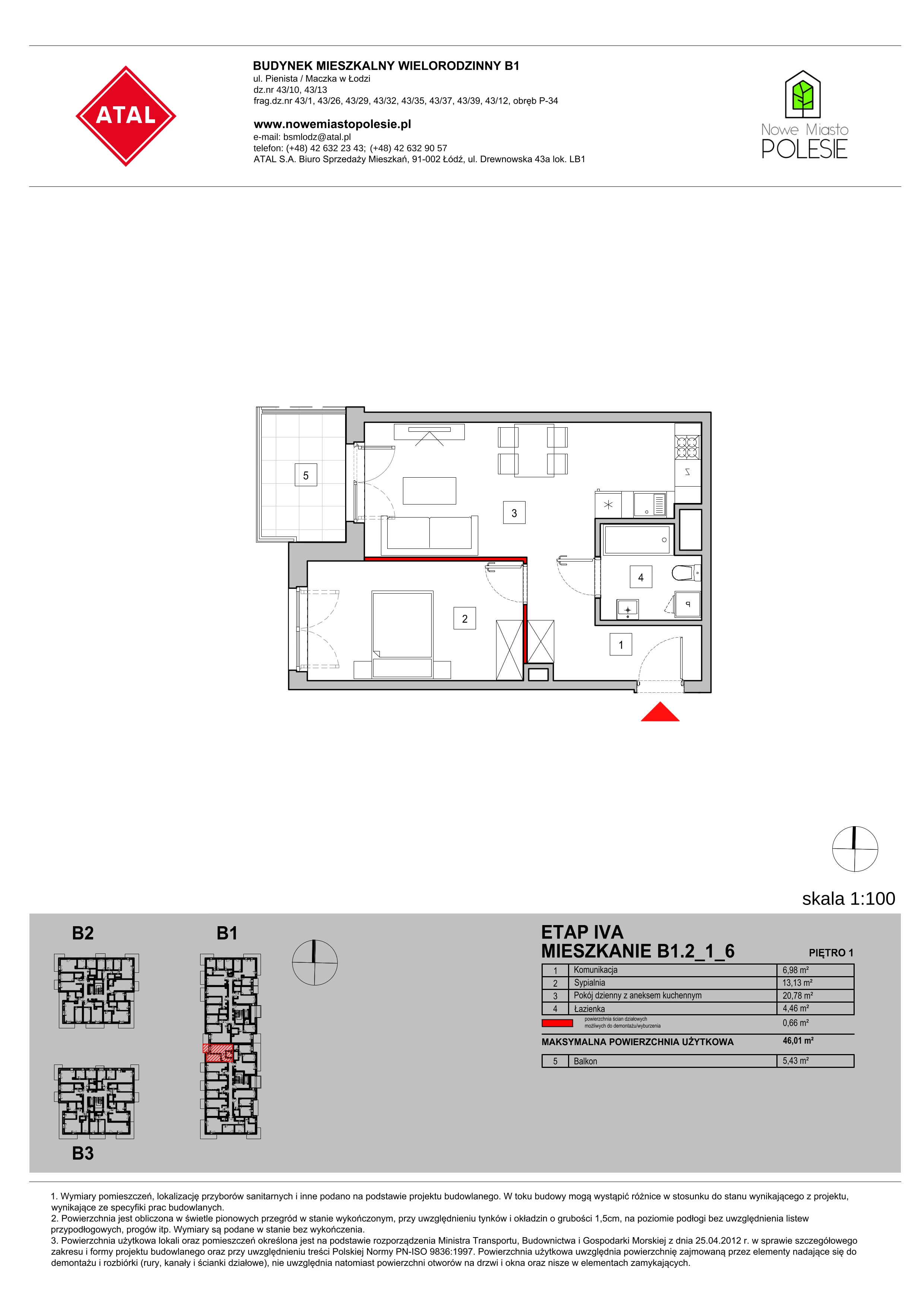 Mieszkanie 46,01 m², piętro 1, oferta nr B1.2_1_6, Nowe Miasto Polesie IV, Łódź, Polesie, Lublinek-Pienista, ul. Pienista