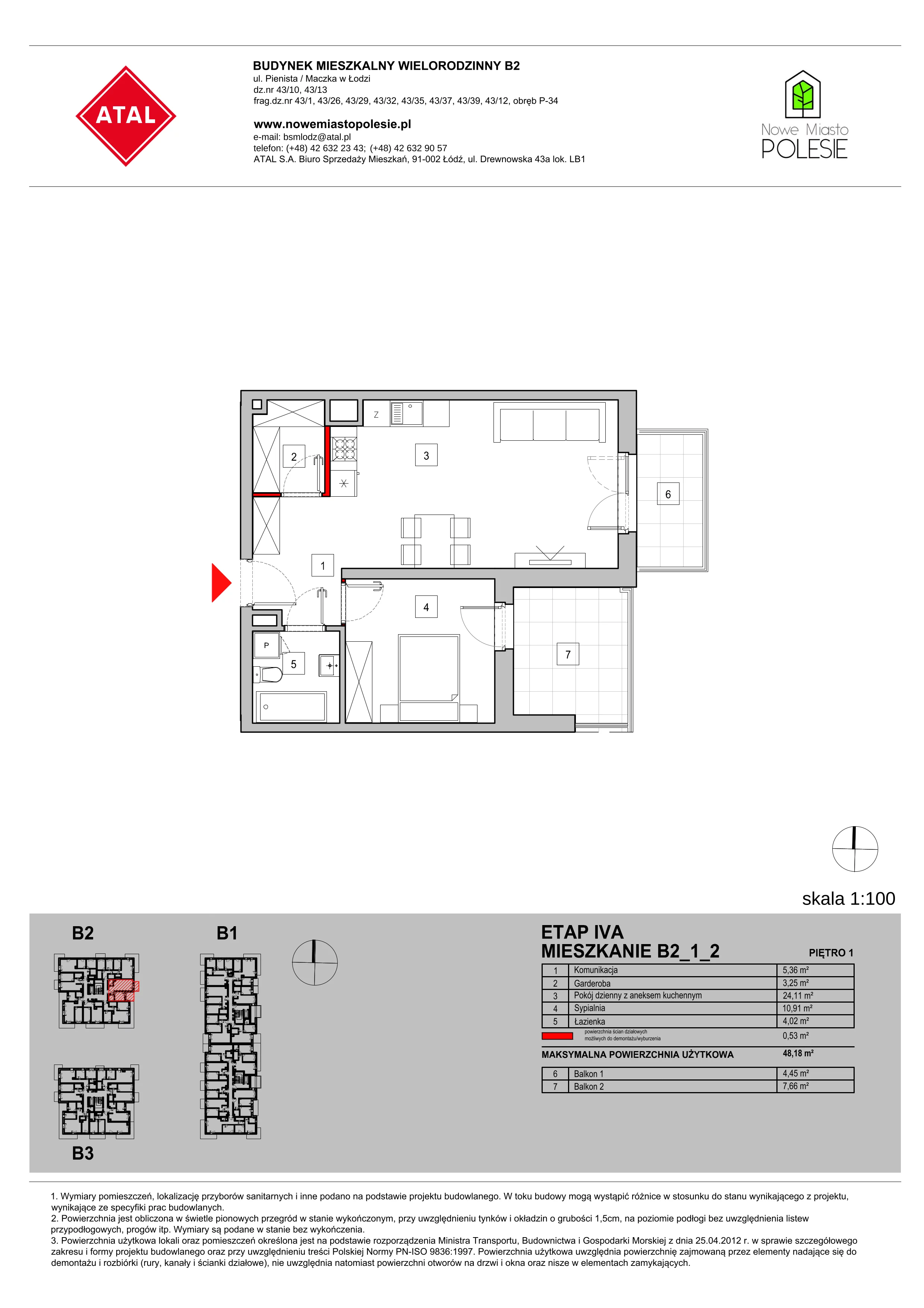 Mieszkanie 48,18 m², piętro 1, oferta nr B2_1_2, Nowe Miasto Polesie IV, Łódź, Polesie, Lublinek-Pienista, ul. Pienista