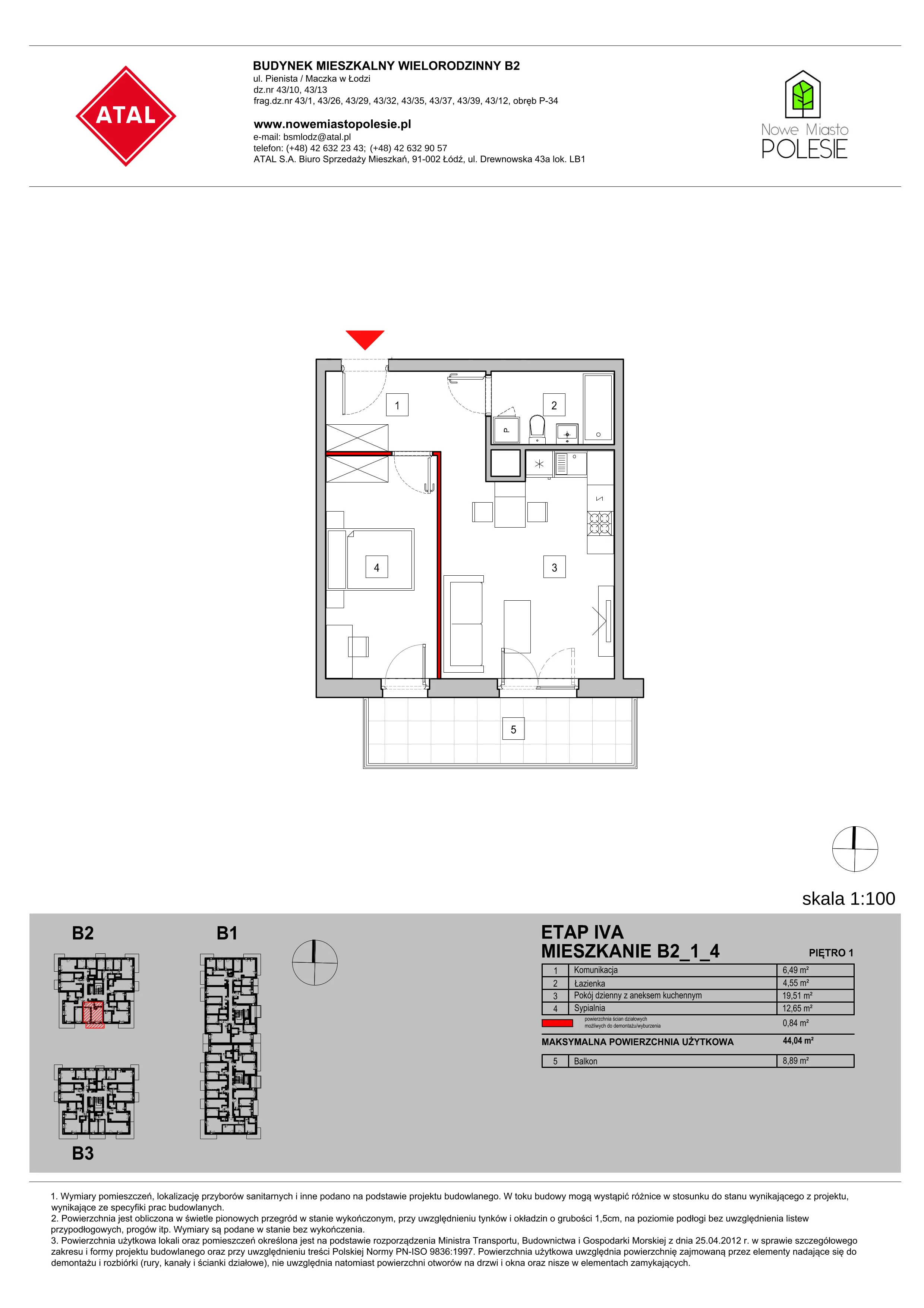 Mieszkanie 44,04 m², piętro 1, oferta nr B2_1_4, Nowe Miasto Polesie IV, Łódź, Polesie, Lublinek-Pienista, ul. Pienista