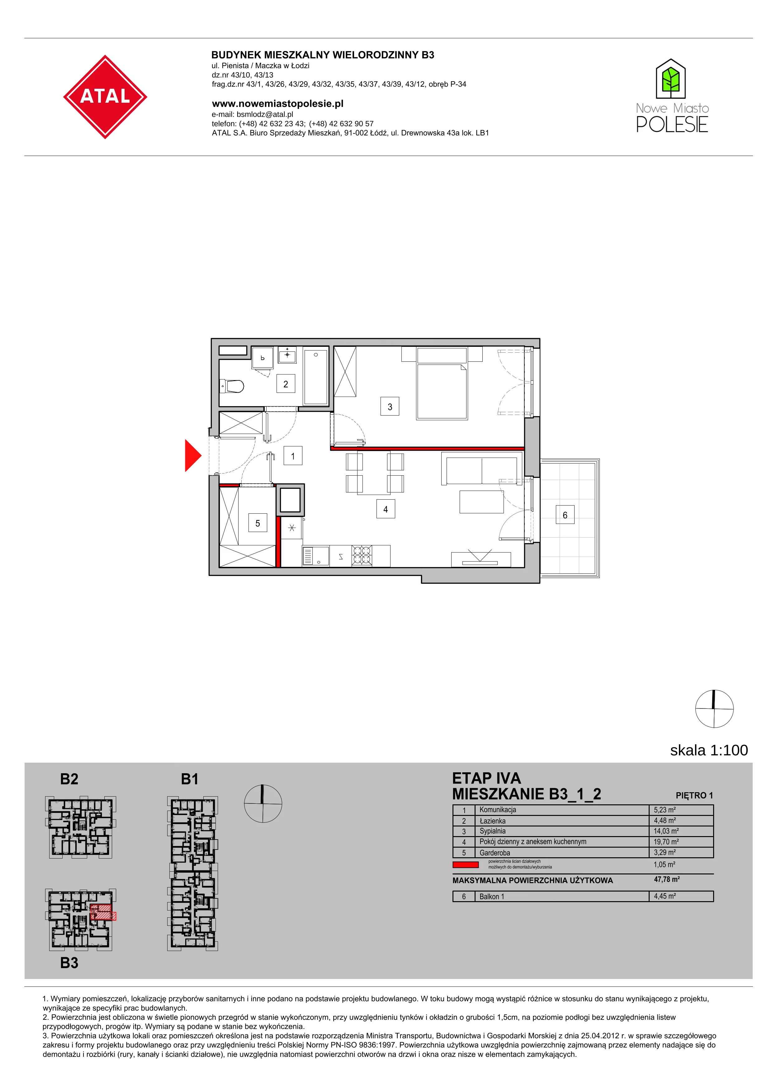 Mieszkanie 47,78 m², piętro 1, oferta nr B3_1_2, Nowe Miasto Polesie IV, Łódź, Polesie, Lublinek-Pienista, ul. Pienista