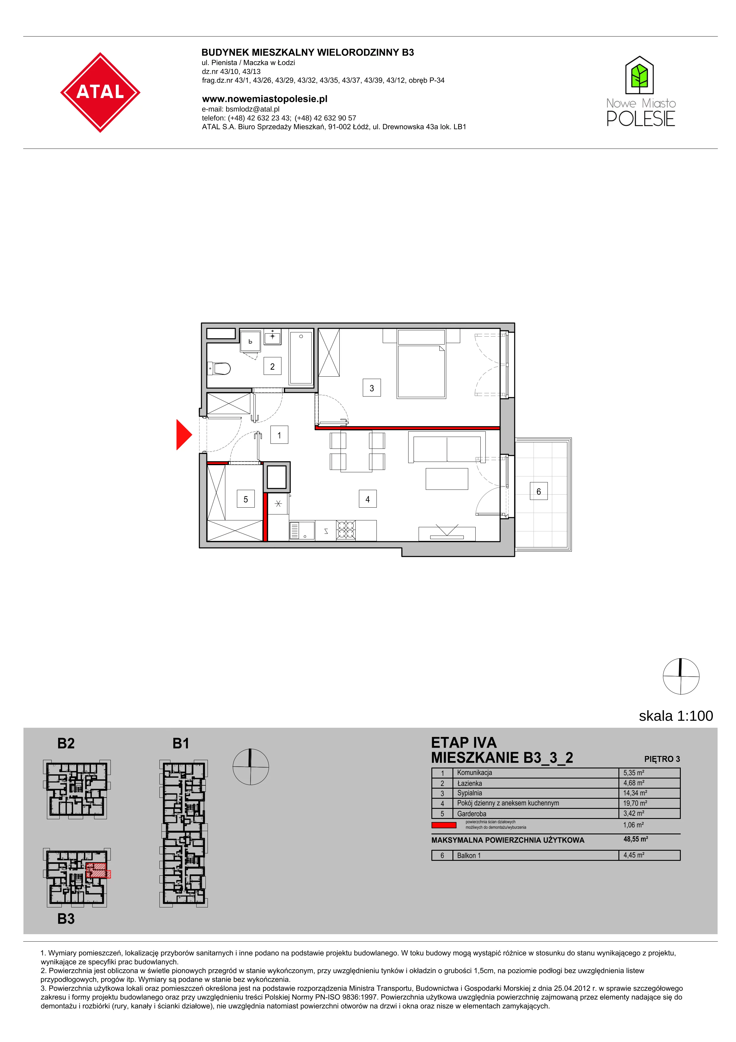 Mieszkanie 48,55 m², piętro 3, oferta nr B3_3_2, Nowe Miasto Polesie IV, Łódź, Polesie, Lublinek-Pienista, ul. Pienista