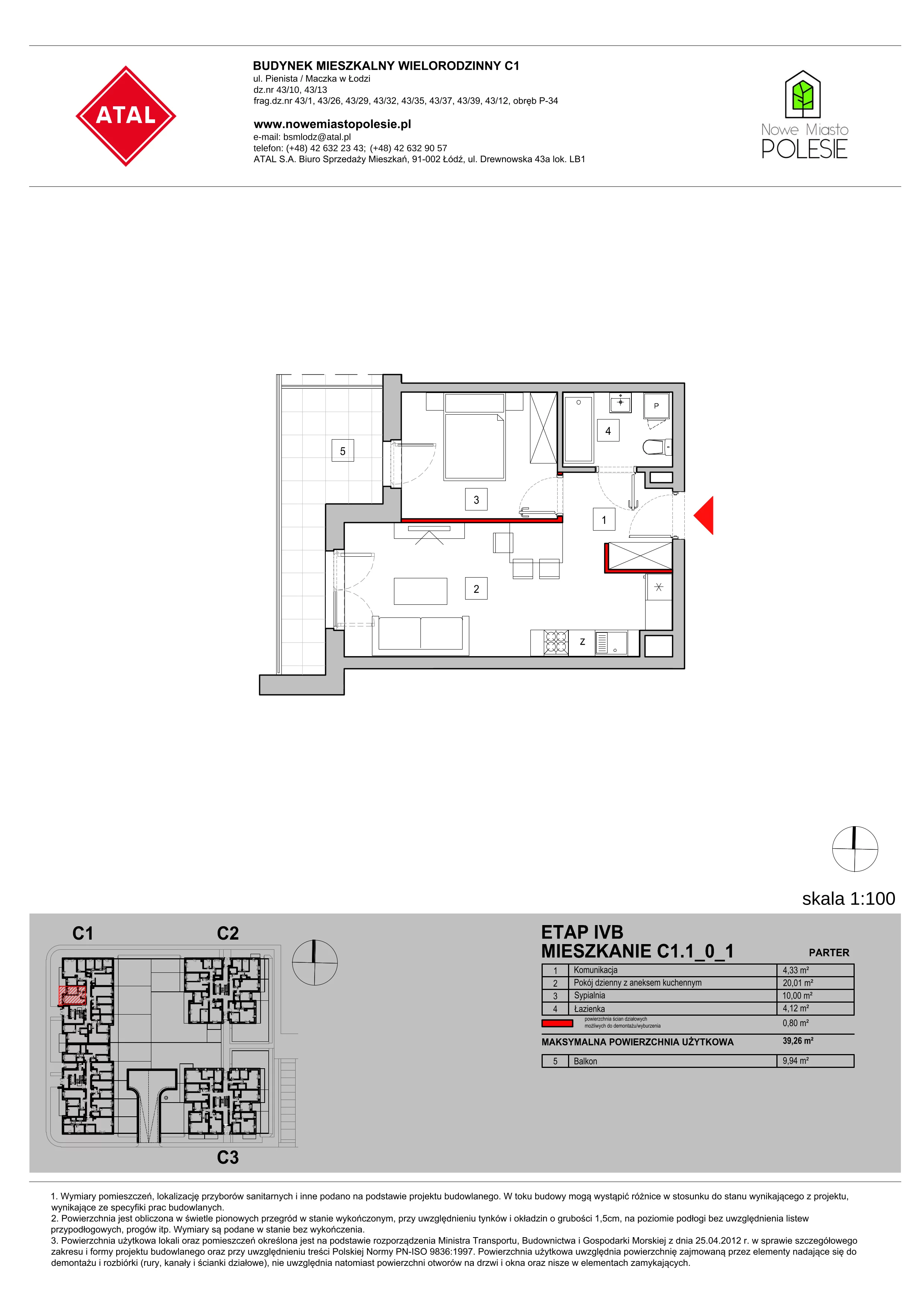 Mieszkanie 39,26 m², parter, oferta nr C1.1_0_1, Nowe Miasto Polesie IV, Łódź, Polesie, Lublinek-Pienista, ul. Pienista