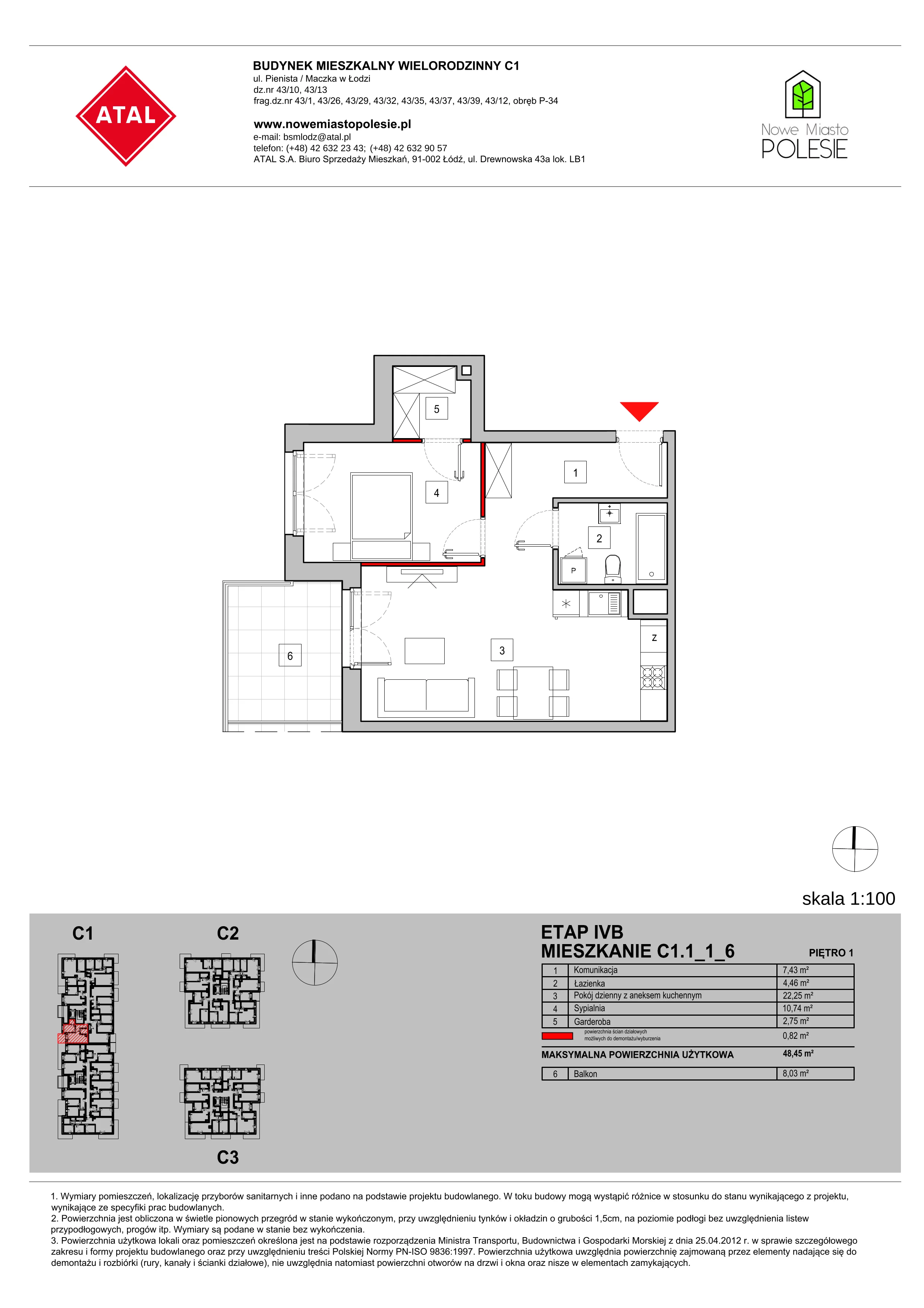 Mieszkanie 48,45 m², piętro 1, oferta nr C1.1_1_6, Nowe Miasto Polesie IV, Łódź, Polesie, Lublinek-Pienista, ul. Pienista