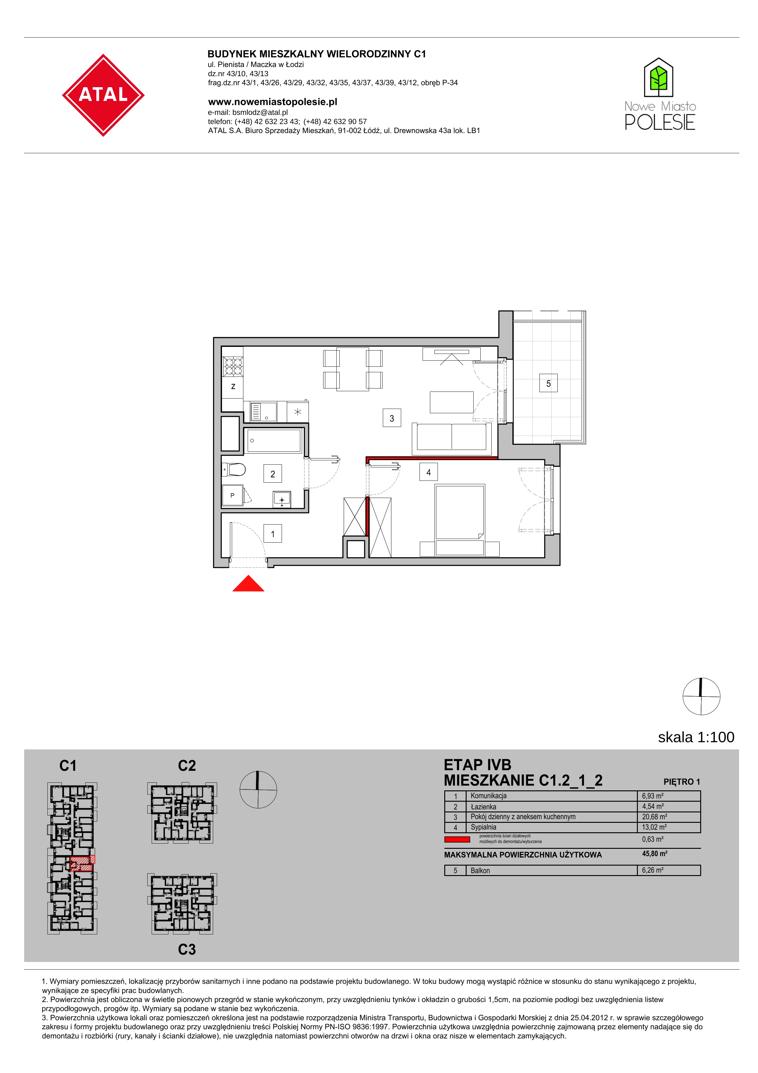 Mieszkanie 45,80 m², piętro 1, oferta nr C1.2_1_2, Nowe Miasto Polesie IV, Łódź, Polesie, Lublinek-Pienista, ul. Pienista