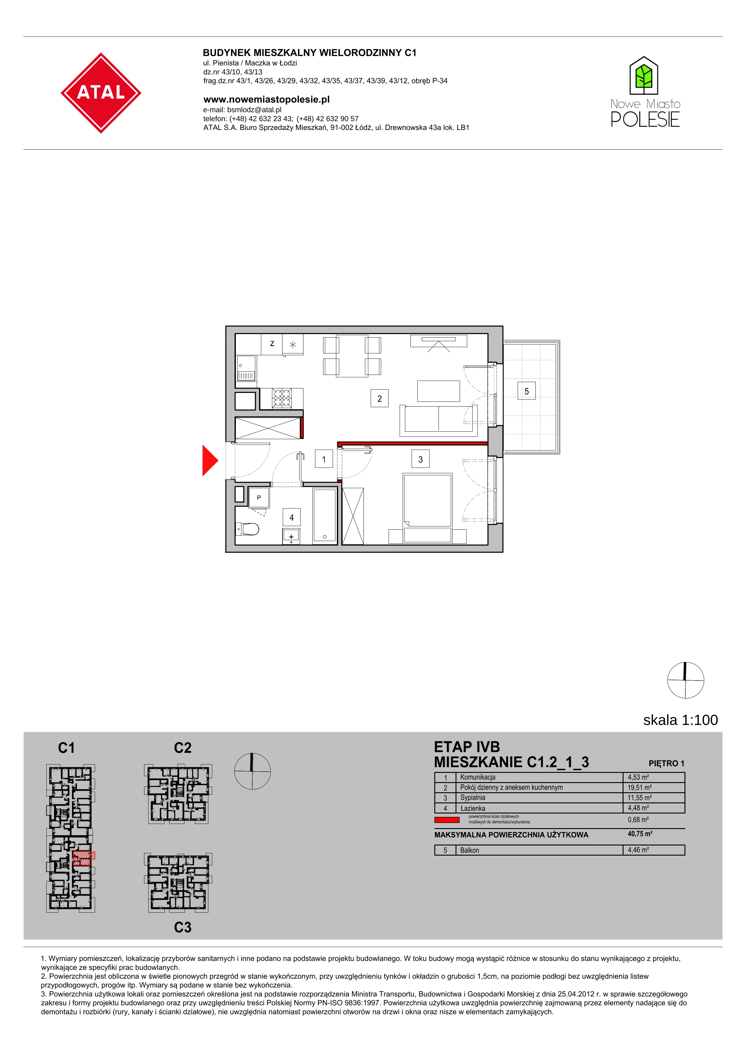 Mieszkanie 40,75 m², piętro 1, oferta nr C1.2_1_3, Nowe Miasto Polesie IV, Łódź, Polesie, Lublinek-Pienista, ul. Pienista