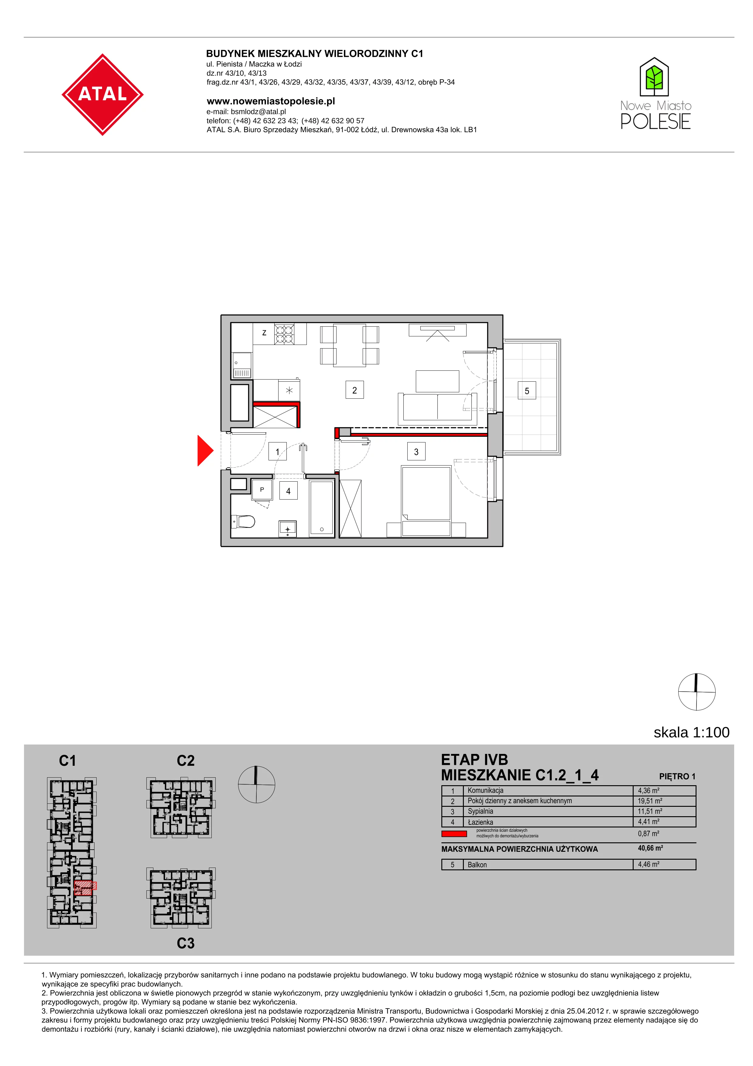 Mieszkanie 40,66 m², piętro 1, oferta nr C1.2_1_4, Nowe Miasto Polesie IV, Łódź, Polesie, Lublinek-Pienista, ul. Pienista