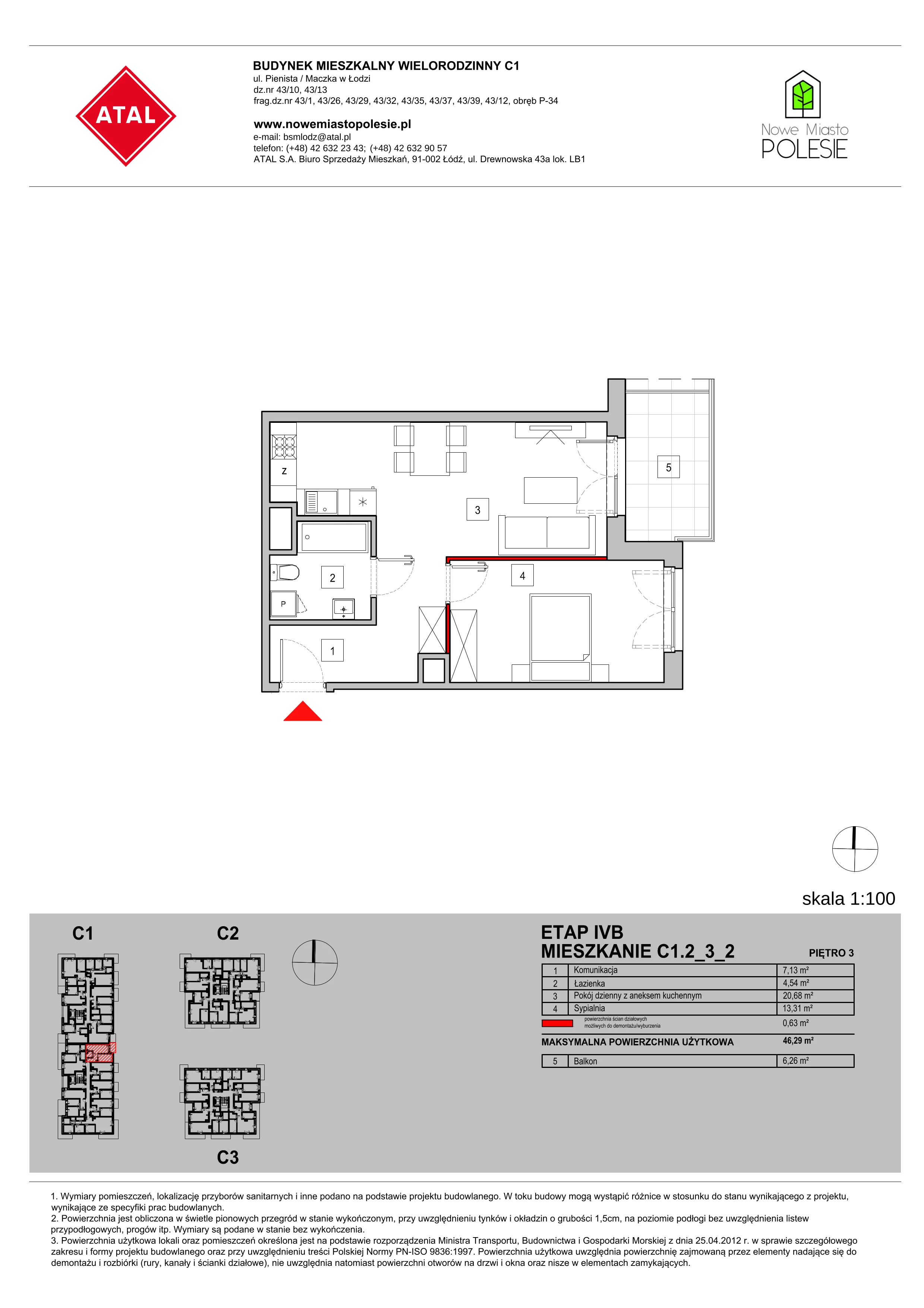 Mieszkanie 46,29 m², piętro 3, oferta nr C1.2_3_2, Nowe Miasto Polesie IV, Łódź, Polesie, Lublinek-Pienista, ul. Pienista