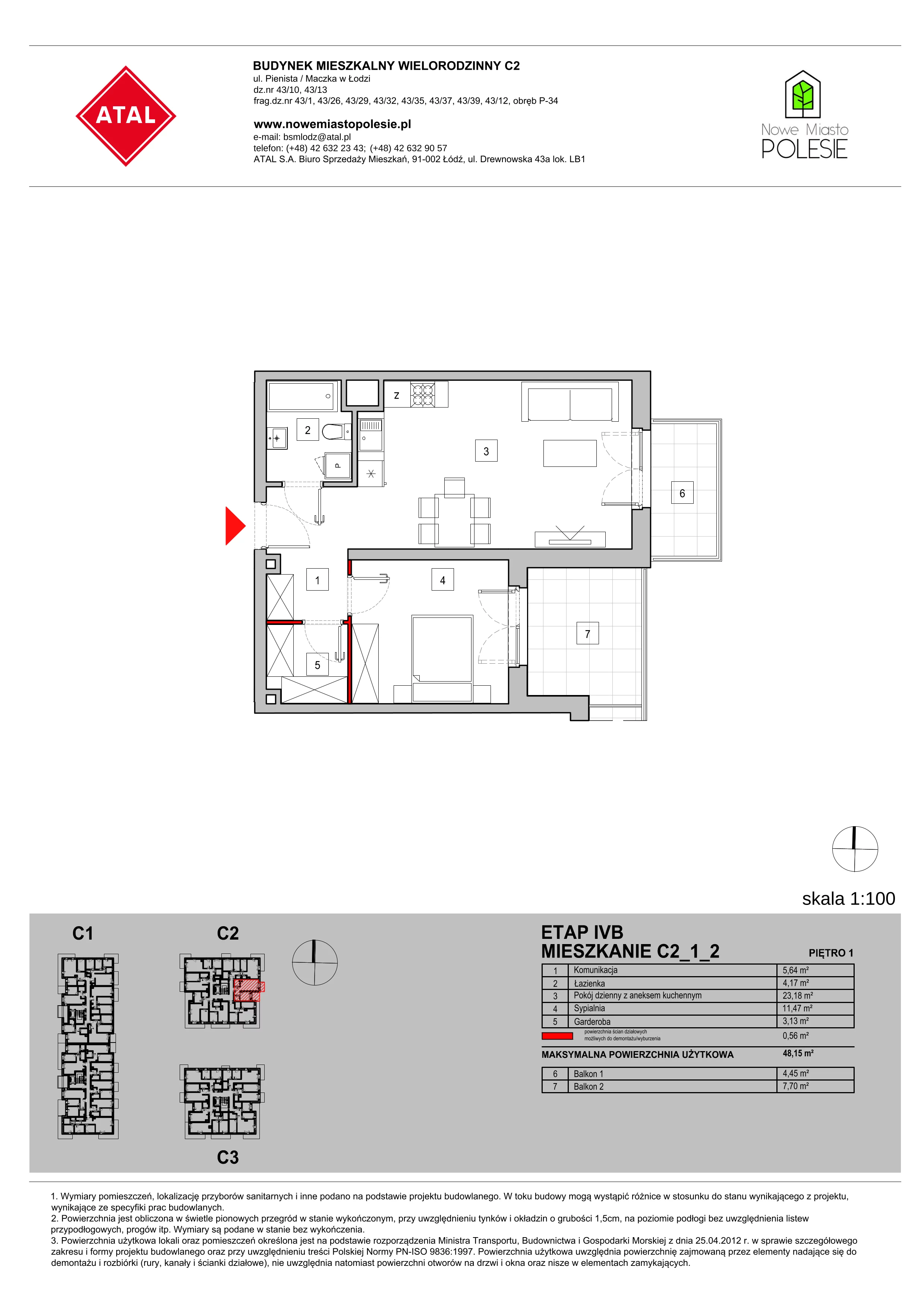 Mieszkanie 48,15 m², piętro 1, oferta nr C2_1_2, Nowe Miasto Polesie IV, Łódź, Polesie, Lublinek-Pienista, ul. Pienista