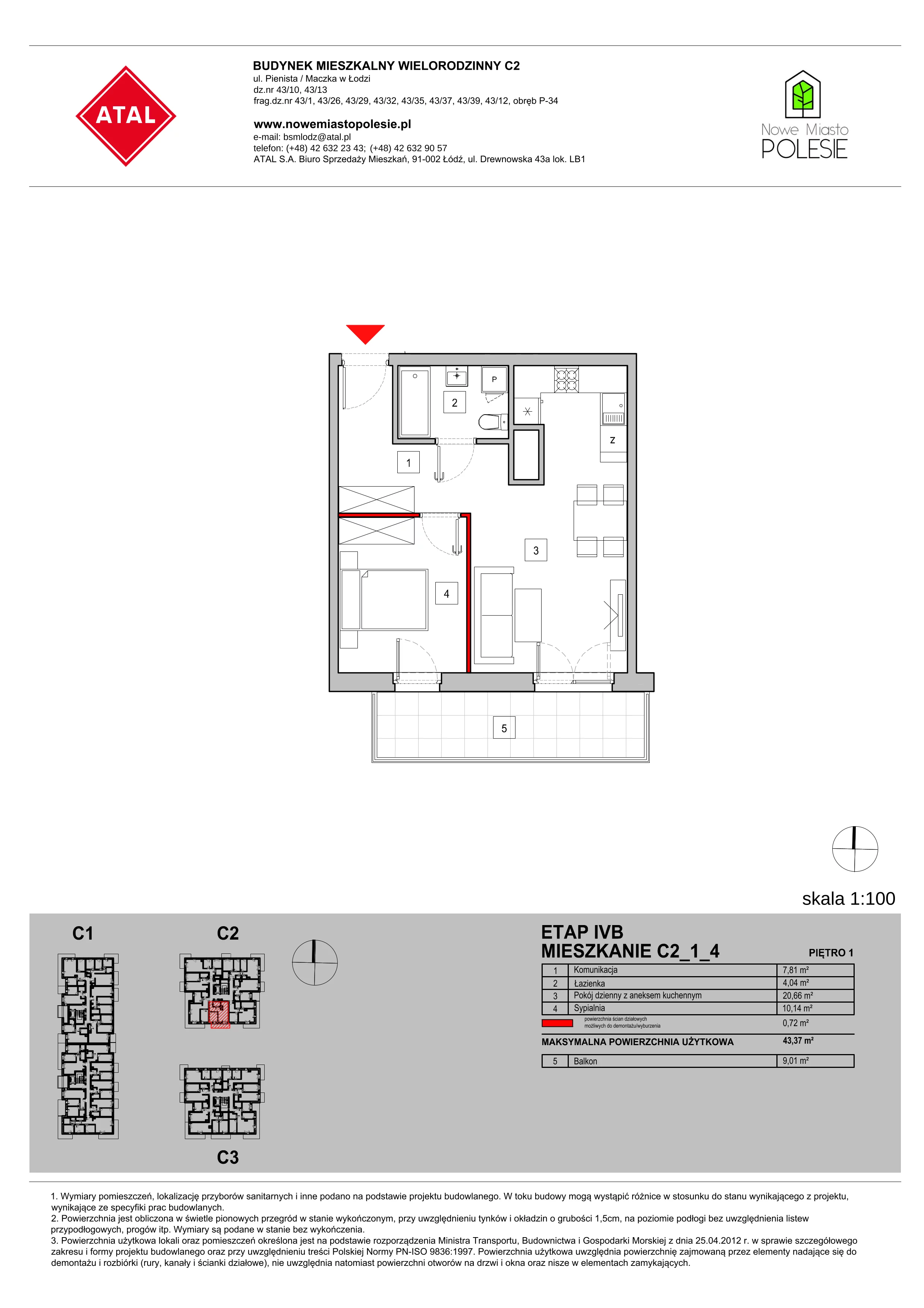 Mieszkanie 43,37 m², piętro 1, oferta nr C2_1_4, Nowe Miasto Polesie IV, Łódź, Polesie, Lublinek-Pienista, ul. Pienista