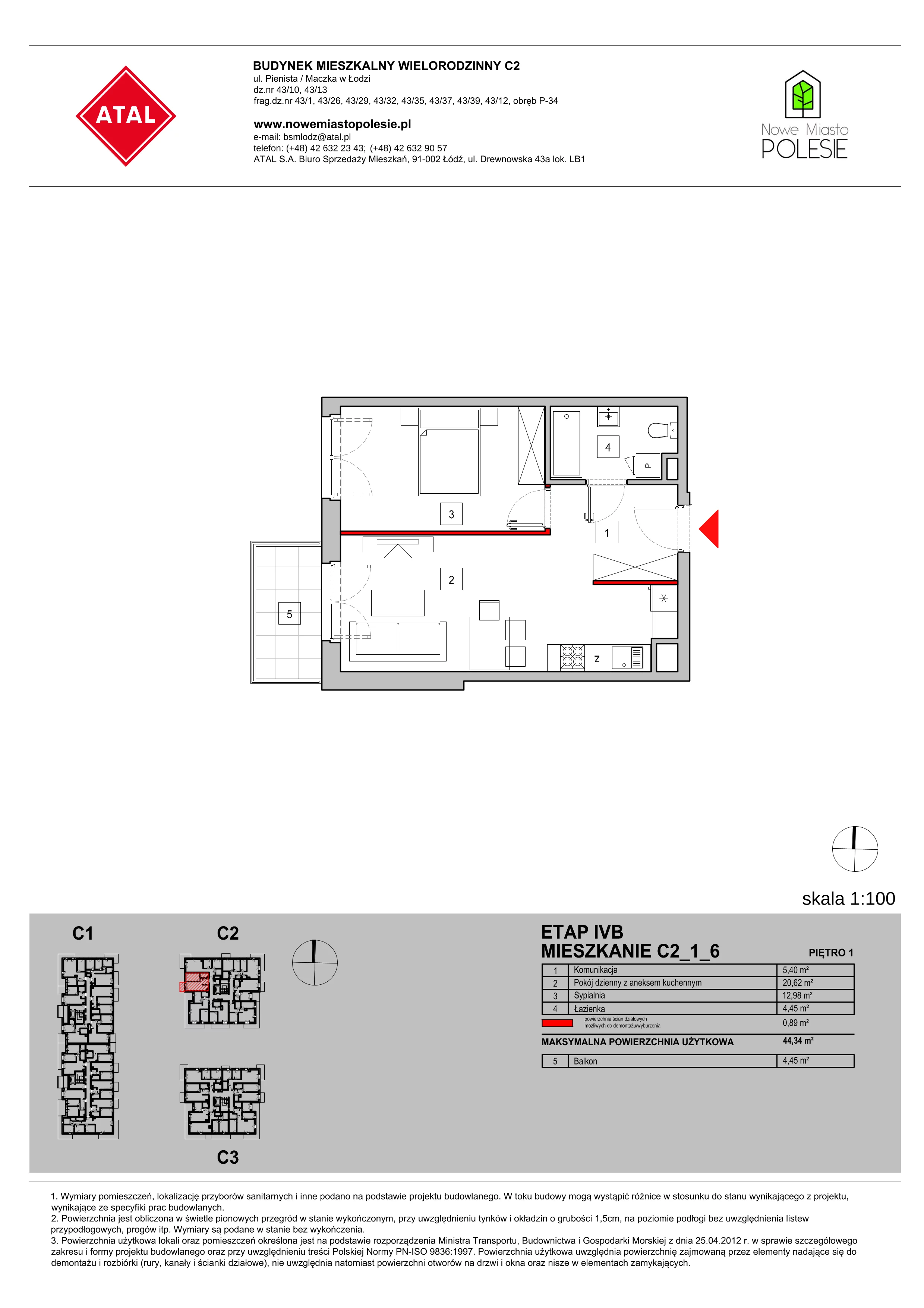 Mieszkanie 44,34 m², piętro 1, oferta nr C2_1_6, Nowe Miasto Polesie IV, Łódź, Polesie, Lublinek-Pienista, ul. Pienista