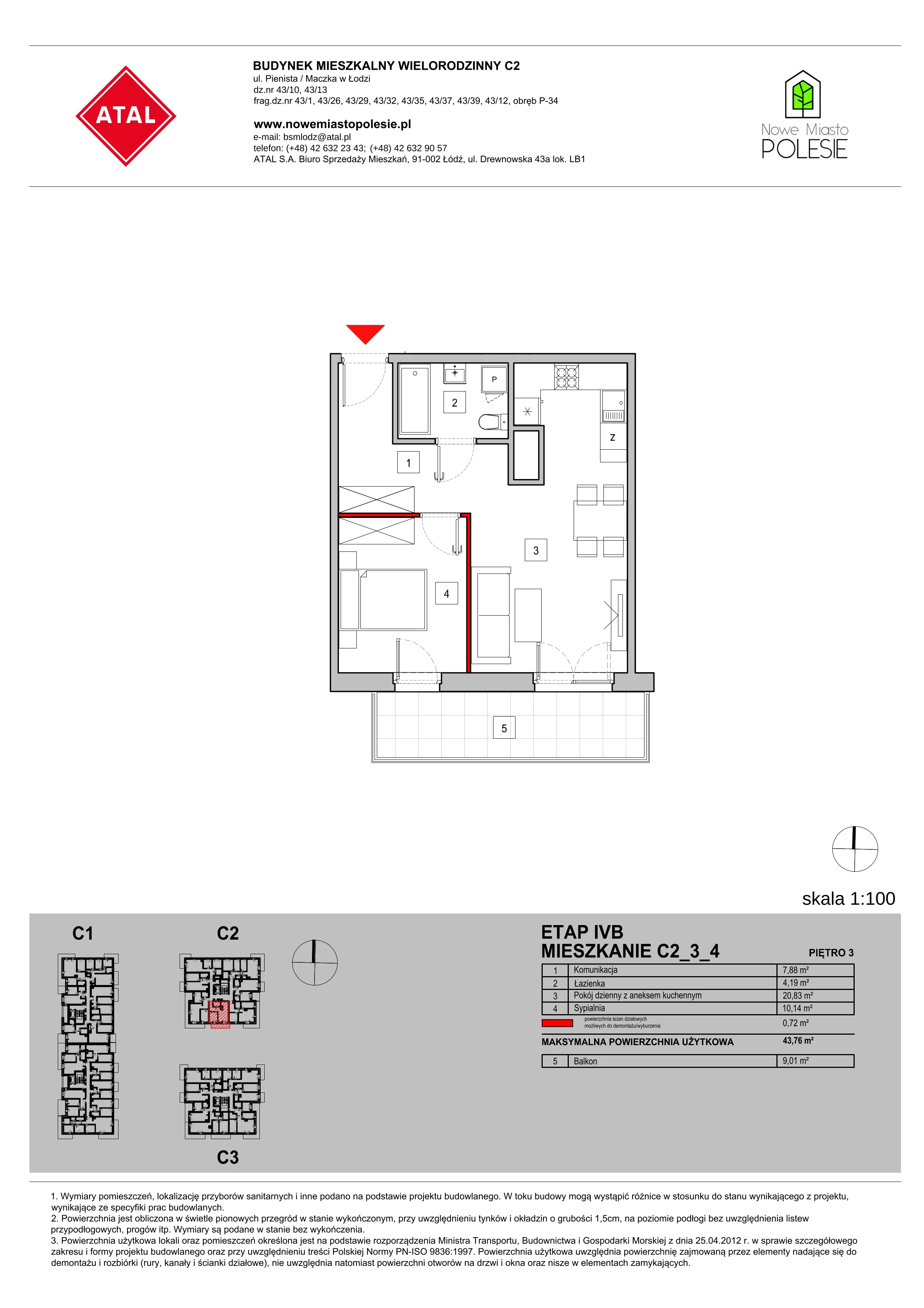 Mieszkanie 43,76 m², piętro 3, oferta nr C2_3_4, Nowe Miasto Polesie IV, Łódź, Polesie, Lublinek-Pienista, ul. Pienista