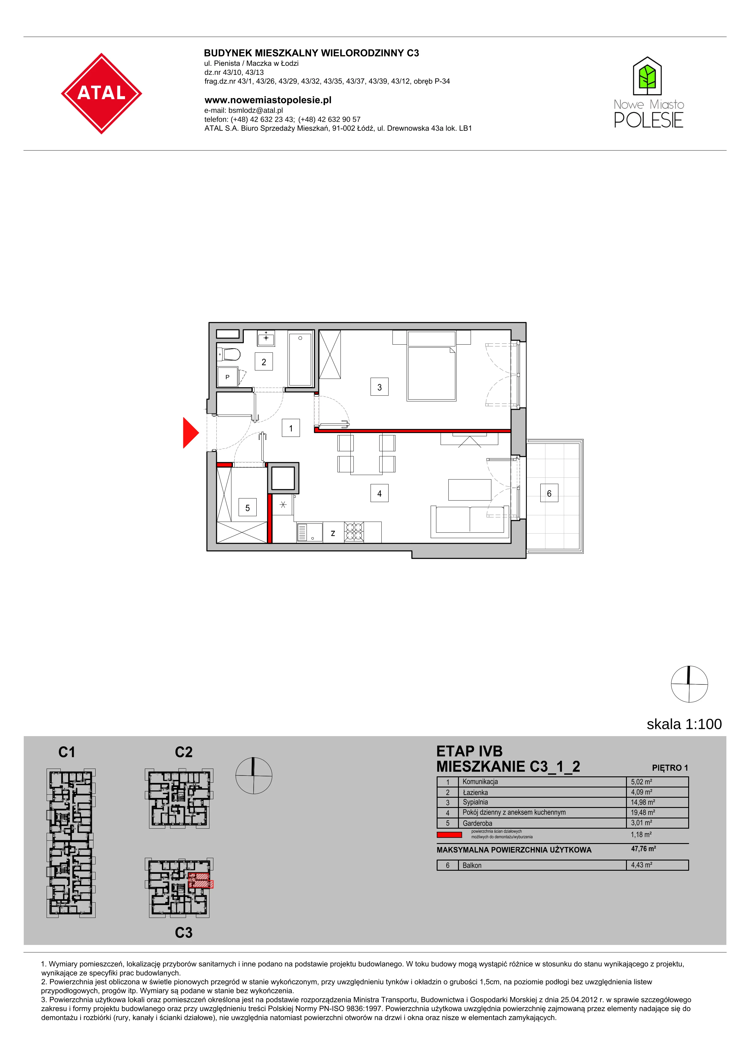 Mieszkanie 47,76 m², piętro 1, oferta nr C3_1_2, Nowe Miasto Polesie IV, Łódź, Polesie, Lublinek-Pienista, ul. Pienista