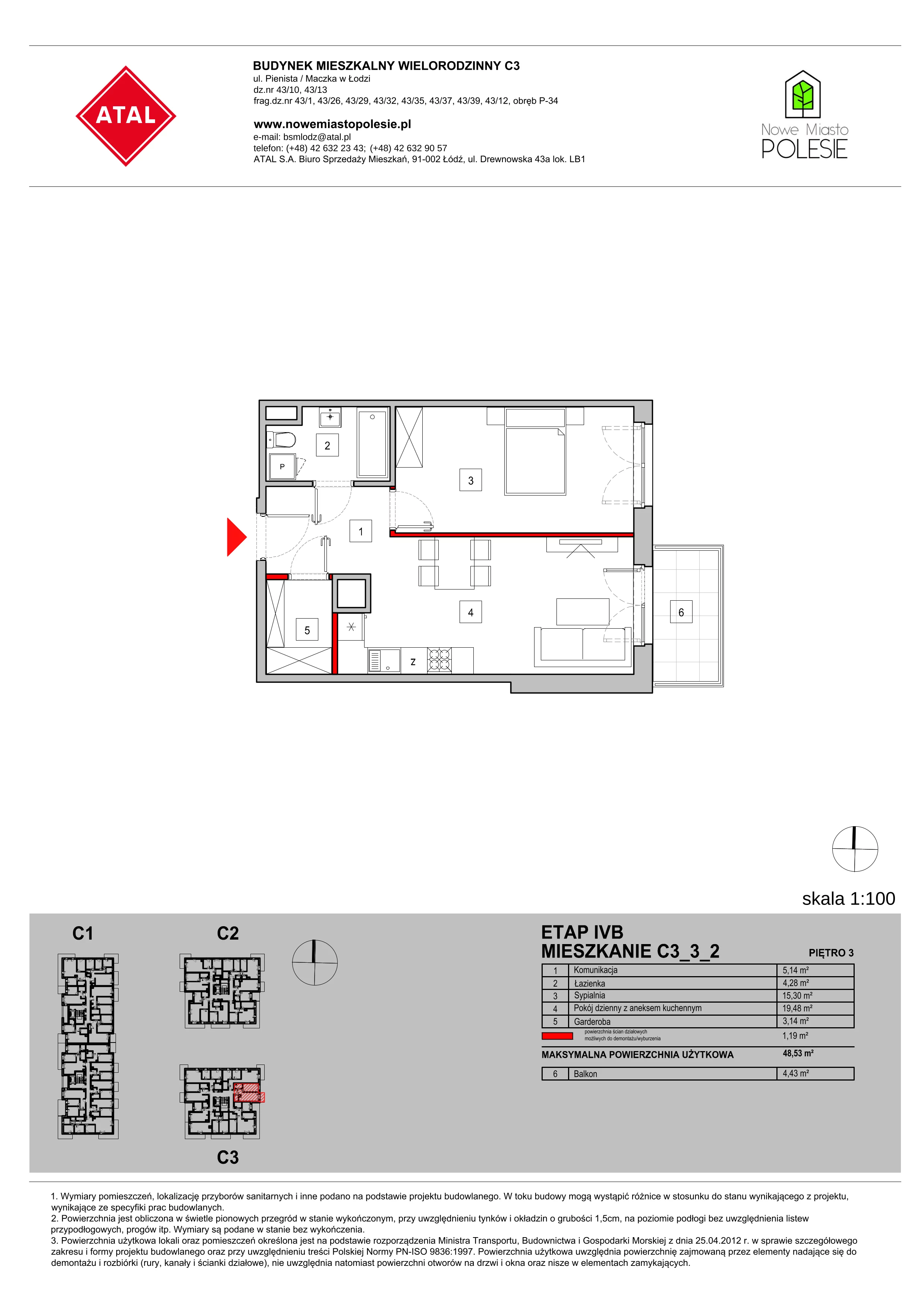 Mieszkanie 48,53 m², piętro 3, oferta nr C3_3_2, Nowe Miasto Polesie IV, Łódź, Polesie, Lublinek-Pienista, ul. Pienista