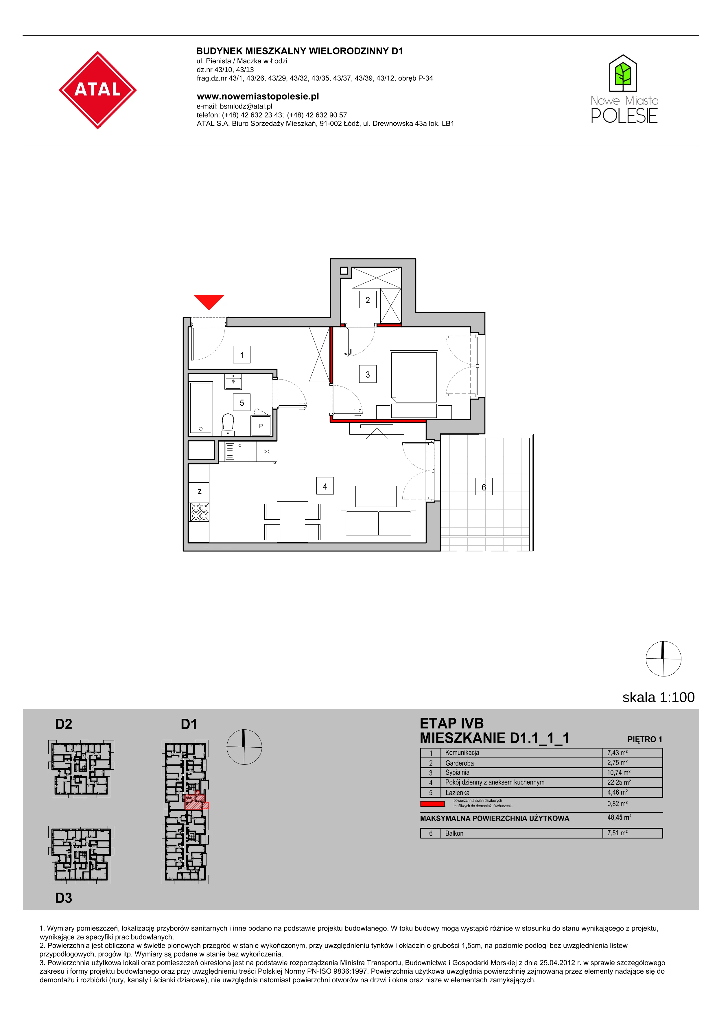 Mieszkanie 48,45 m², piętro 1, oferta nr D1.1_1_1, Nowe Miasto Polesie IV, Łódź, Polesie, Lublinek-Pienista, ul. Pienista