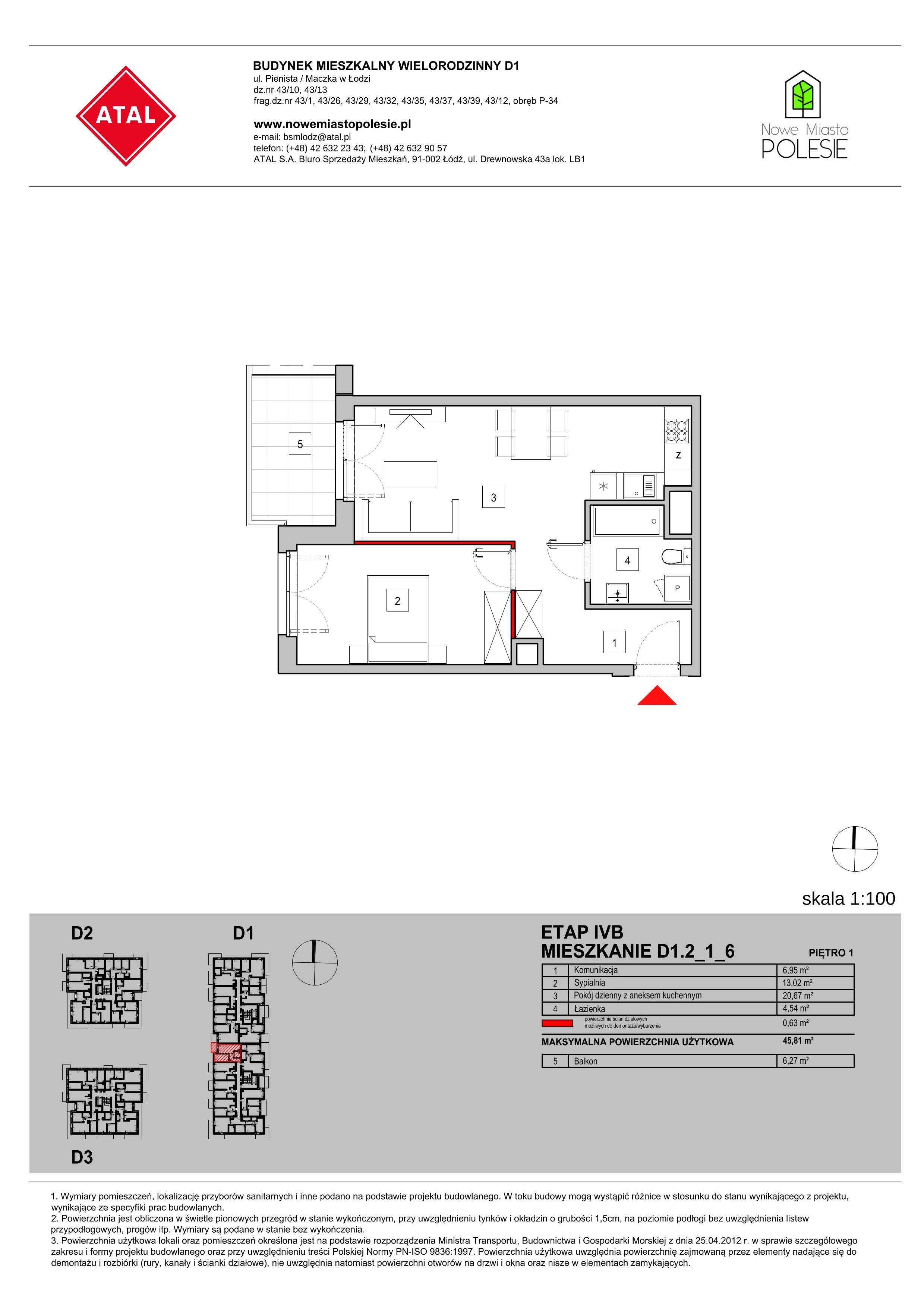 Mieszkanie 45,81 m², piętro 1, oferta nr D1.2_1_6, Nowe Miasto Polesie IV, Łódź, Polesie, Lublinek-Pienista, ul. Pienista