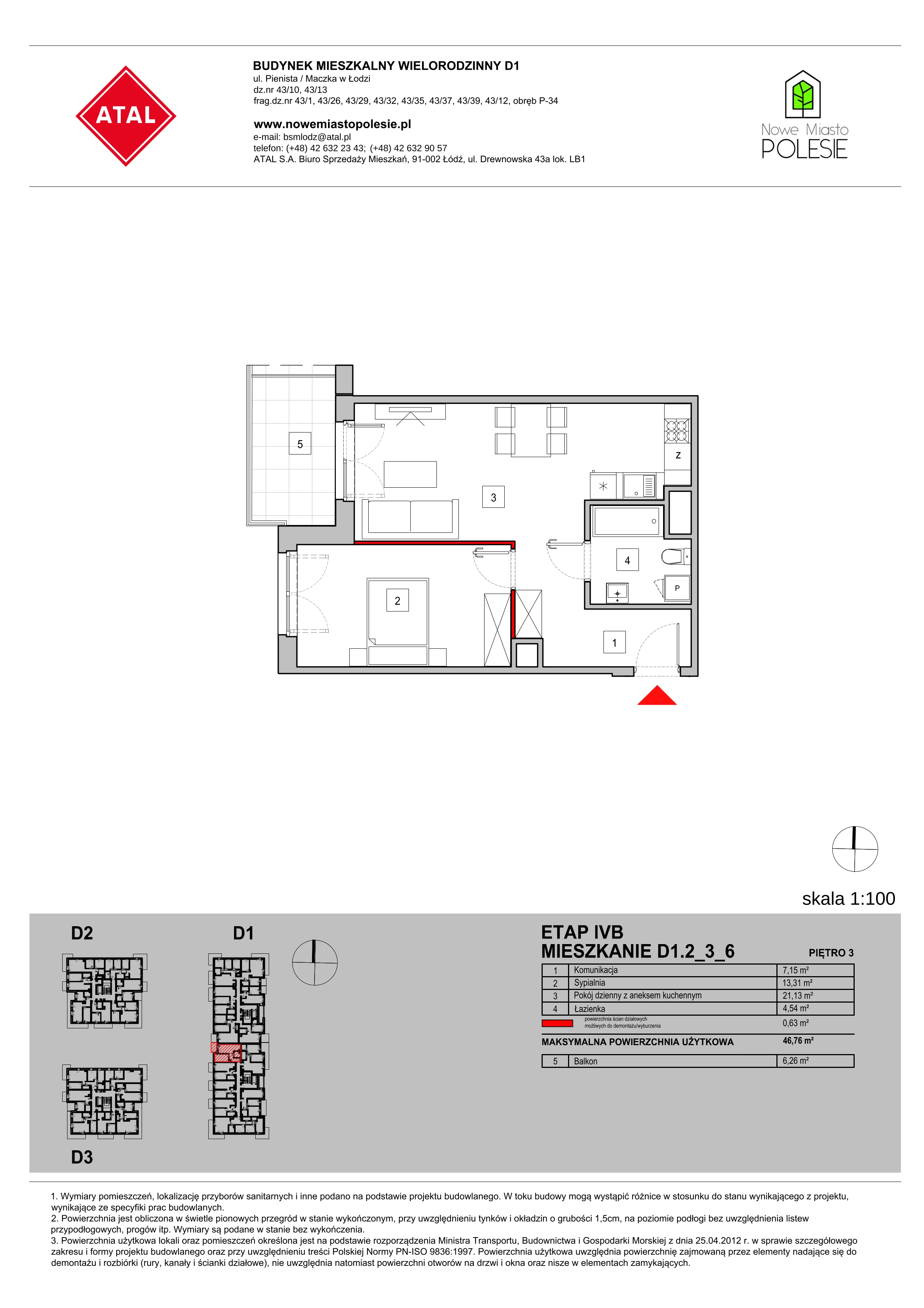 Mieszkanie 46,77 m², piętro 3, oferta nr D1.2_3_6, Nowe Miasto Polesie IV, Łódź, Polesie, Lublinek-Pienista, ul. Pienista