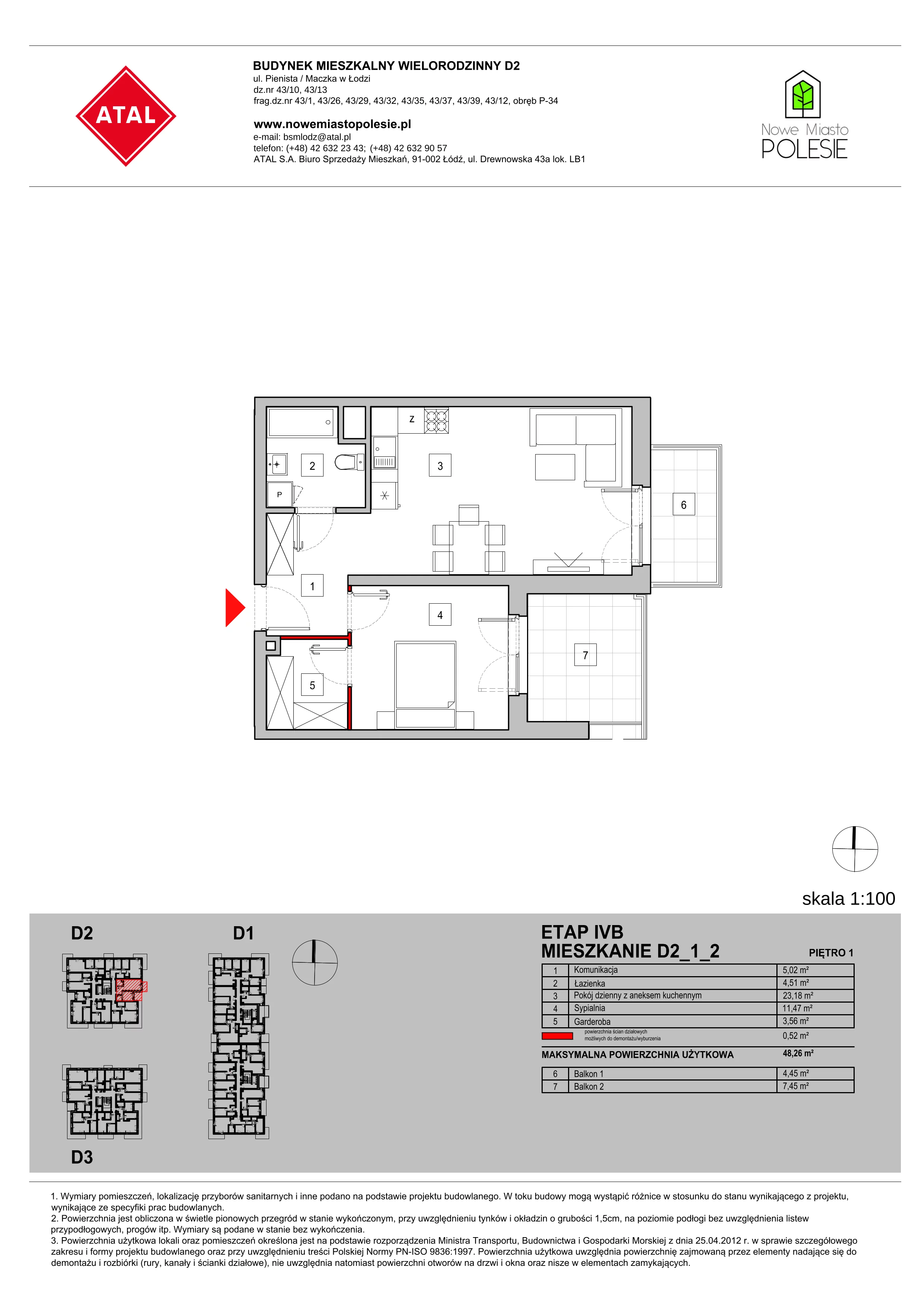 Mieszkanie 48,26 m², piętro 1, oferta nr D2_1_2, Nowe Miasto Polesie IV, Łódź, Polesie, Lublinek-Pienista, ul. Pienista