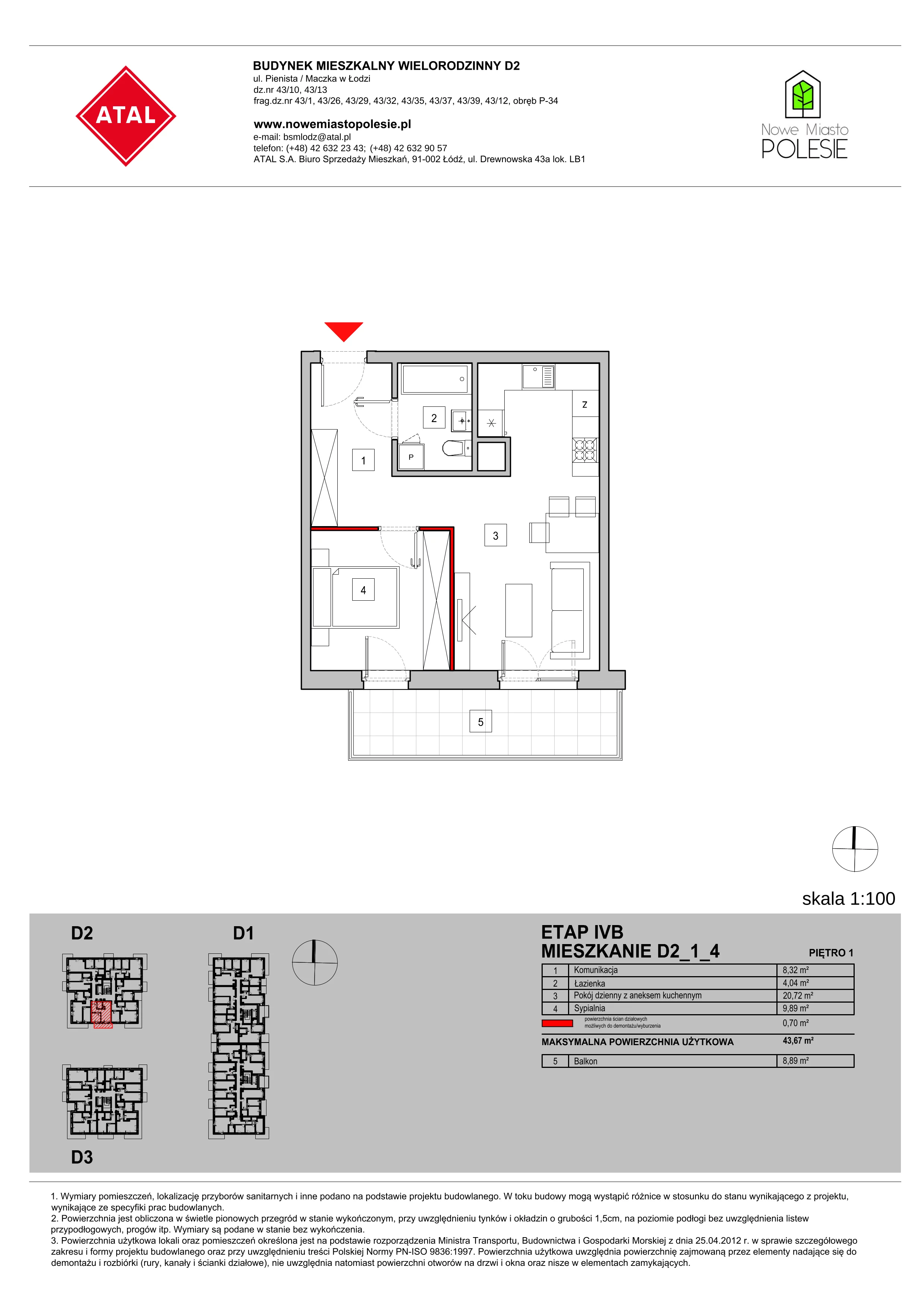 Mieszkanie 43,67 m², piętro 1, oferta nr D2_1_4, Nowe Miasto Polesie IV, Łódź, Polesie, Lublinek-Pienista, ul. Pienista