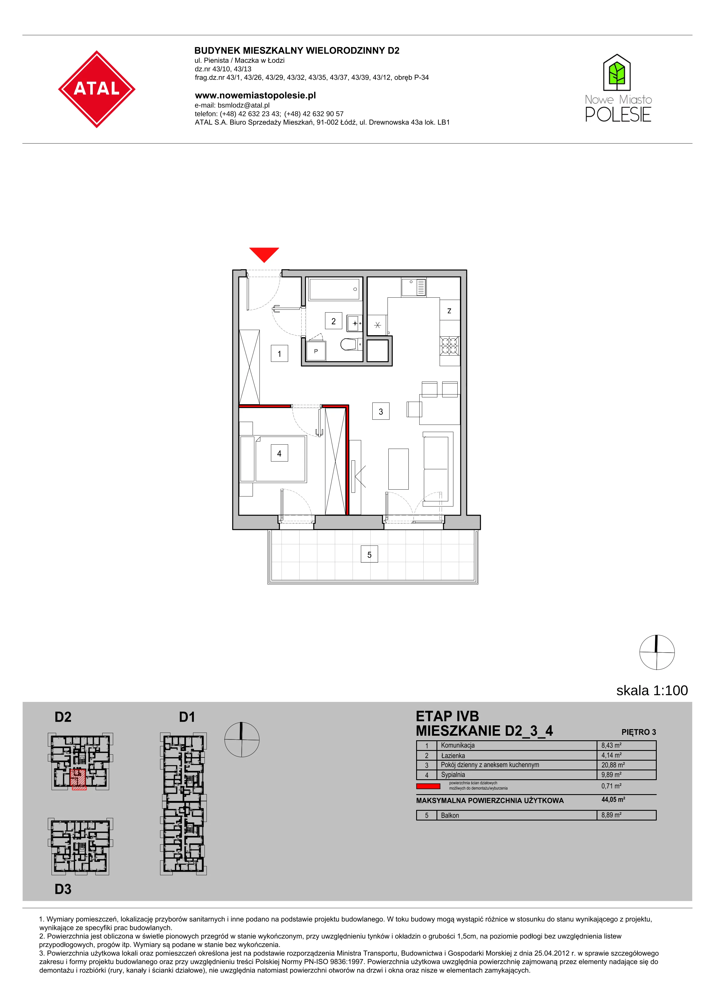 Mieszkanie 44,05 m², piętro 3, oferta nr D2_3_4, Nowe Miasto Polesie IV, Łódź, Polesie, Lublinek-Pienista, ul. Pienista