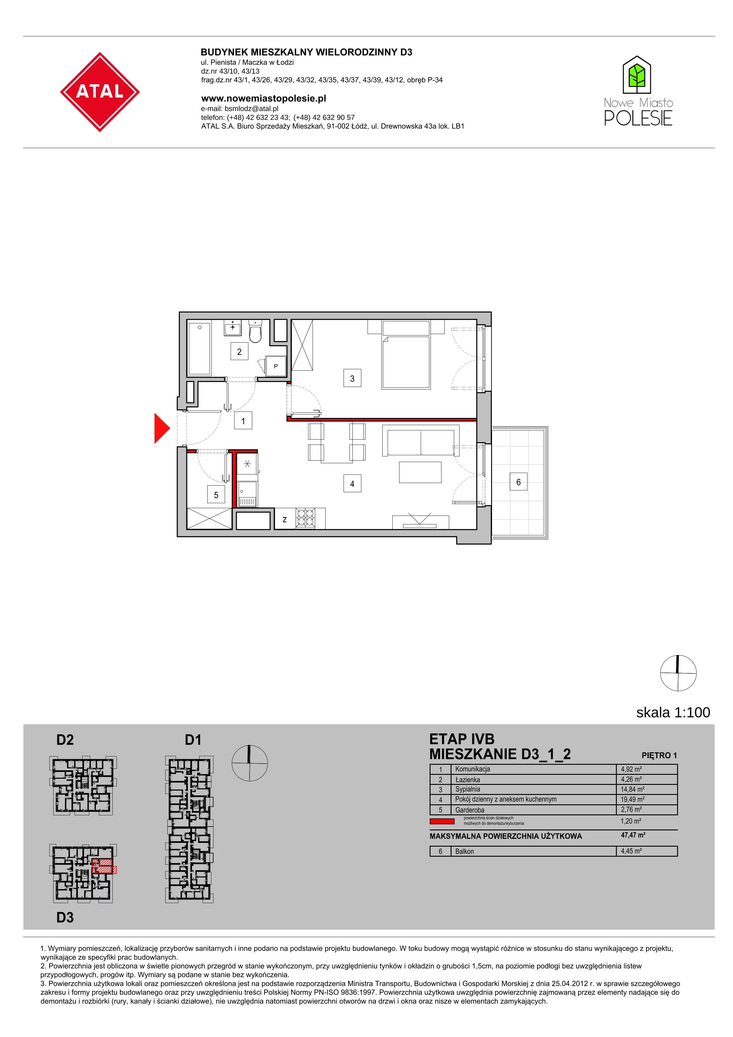 Mieszkanie 47,47 m², piętro 1, oferta nr D3_1_2, Nowe Miasto Polesie IV, Łódź, Polesie, Lublinek-Pienista, ul. Pienista