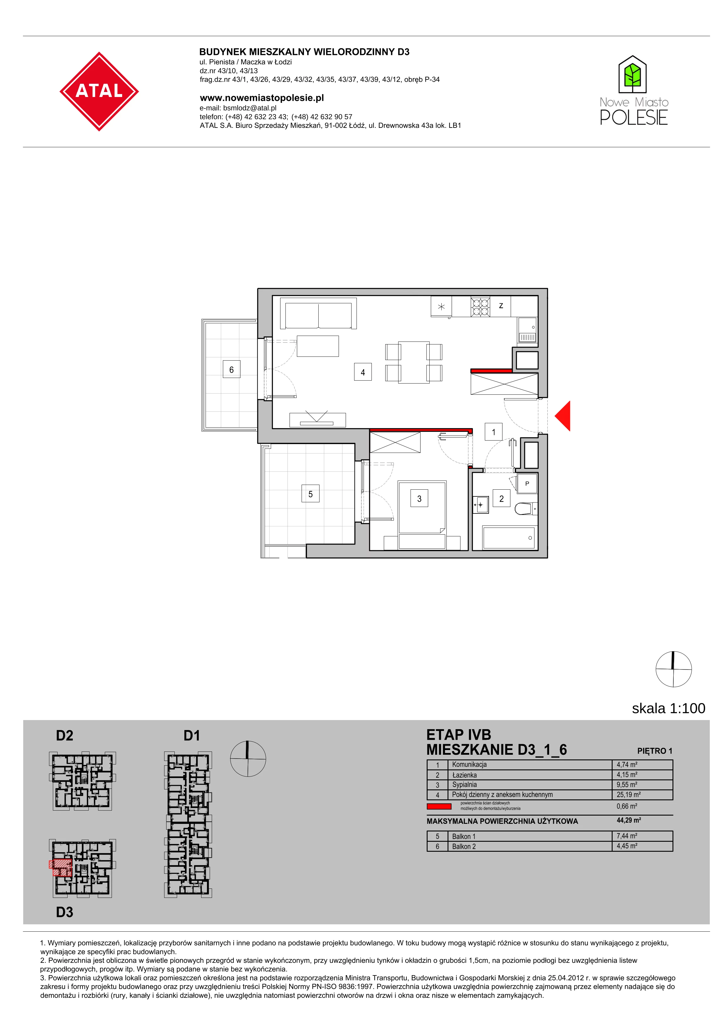 Mieszkanie 44,29 m², piętro 1, oferta nr D3_1_6, Nowe Miasto Polesie IV, Łódź, Polesie, Lublinek-Pienista, ul. Pienista