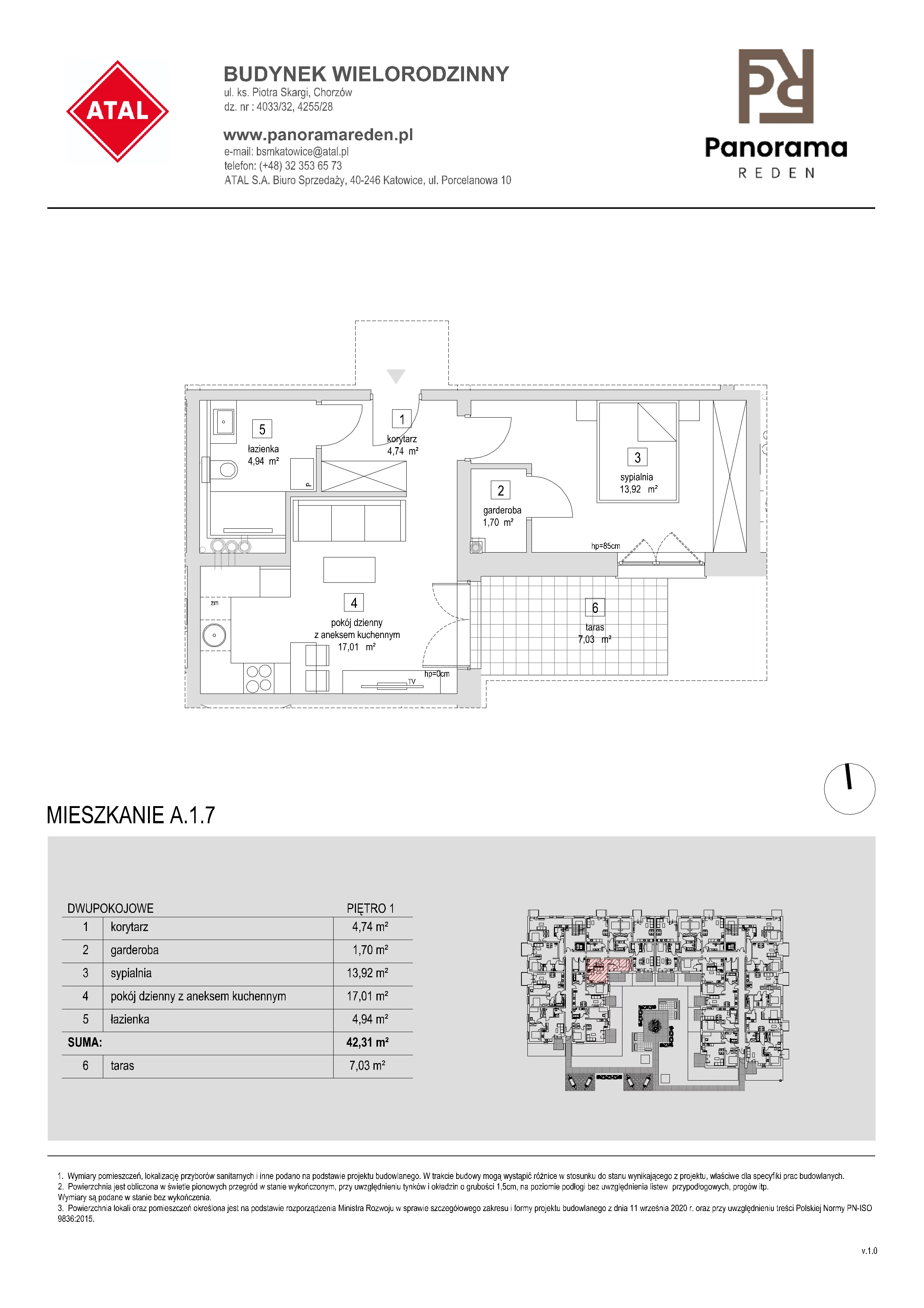 Mieszkanie 43,00 m², piętro 1, oferta nr A-1-M07, Panorama Reden, Chorzów, Centrum, Centrum, ul. Piotra Skargi