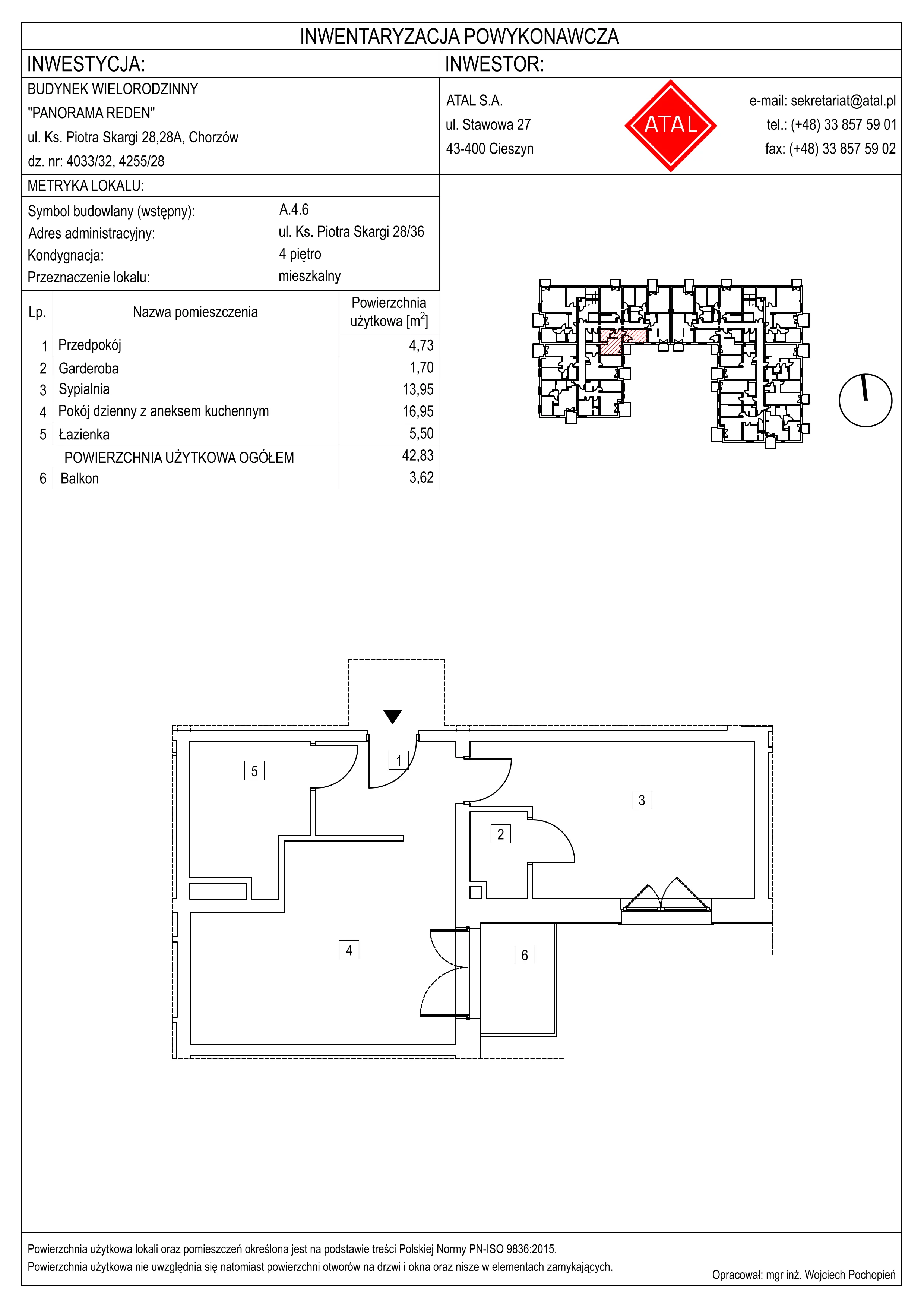 Mieszkanie 42,83 m², piętro 4, oferta nr A-4-M06, Panorama Reden, Chorzów, Centrum, Centrum, ul. Piotra Skargi