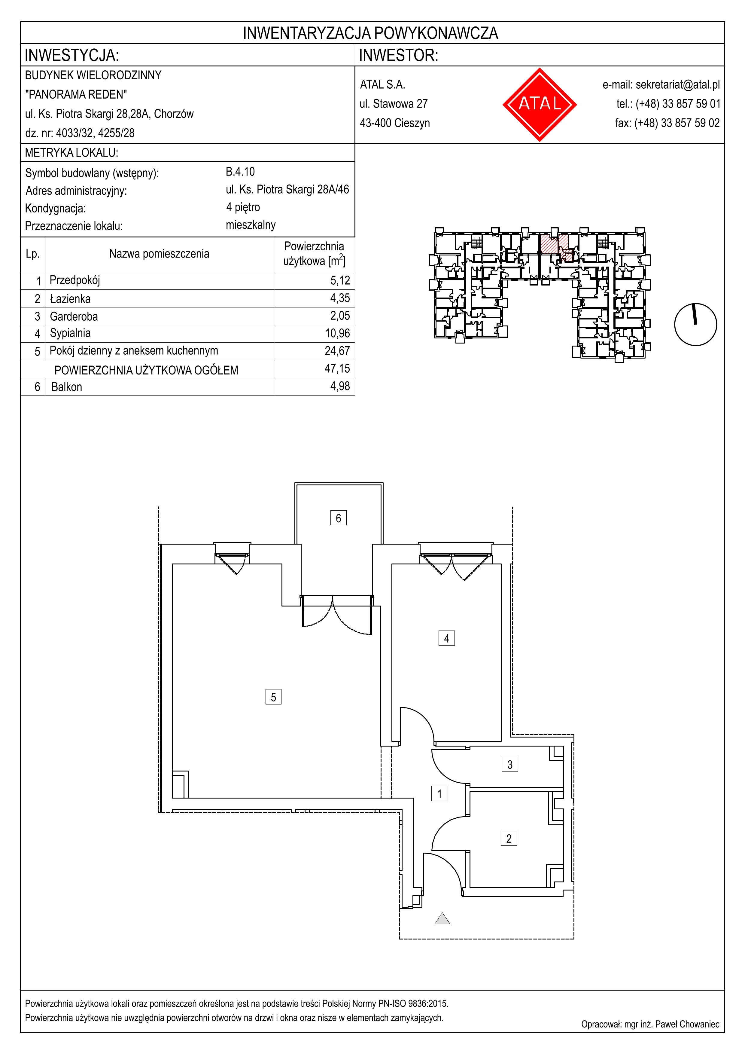 2 pokoje, mieszkanie 47,15 m², piętro 4, oferta nr B-4-M10, Panorama Reden, Chorzów, Centrum, Centrum, ul. Piotra Skargi