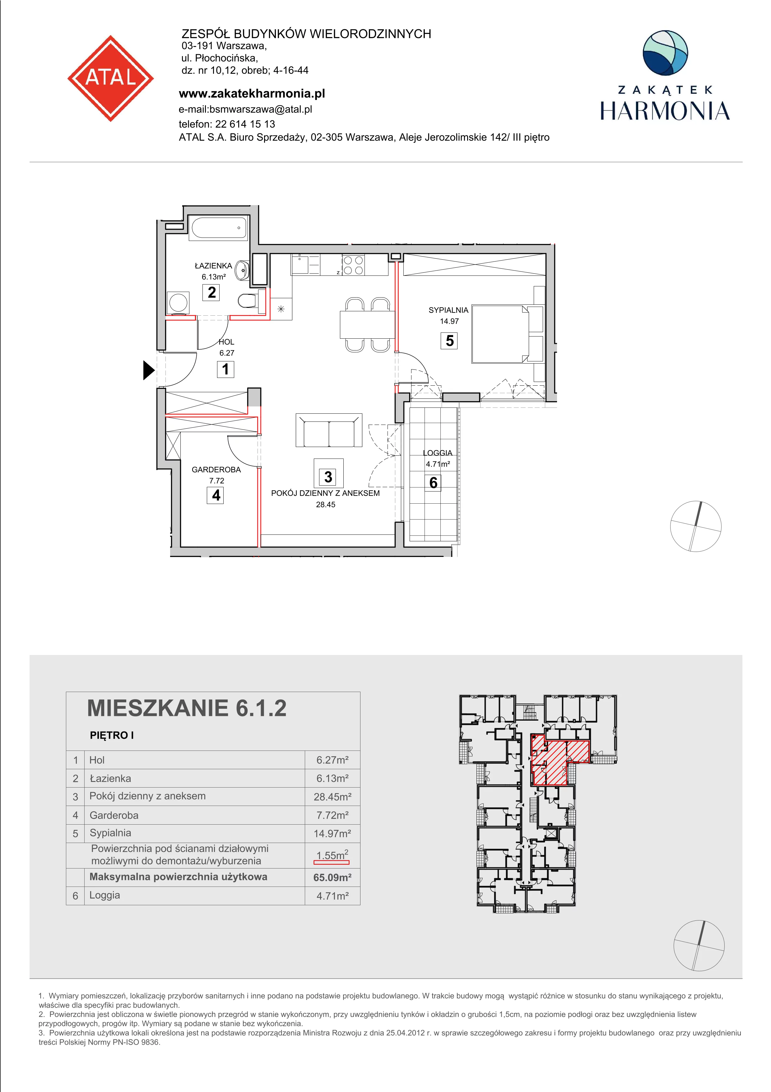 Mieszkanie 65,09 m², piętro 1, oferta nr 6-1-2, Zakątek Harmonia II, Warszawa, Białołęka, Szamocin, ul. Płochocińska