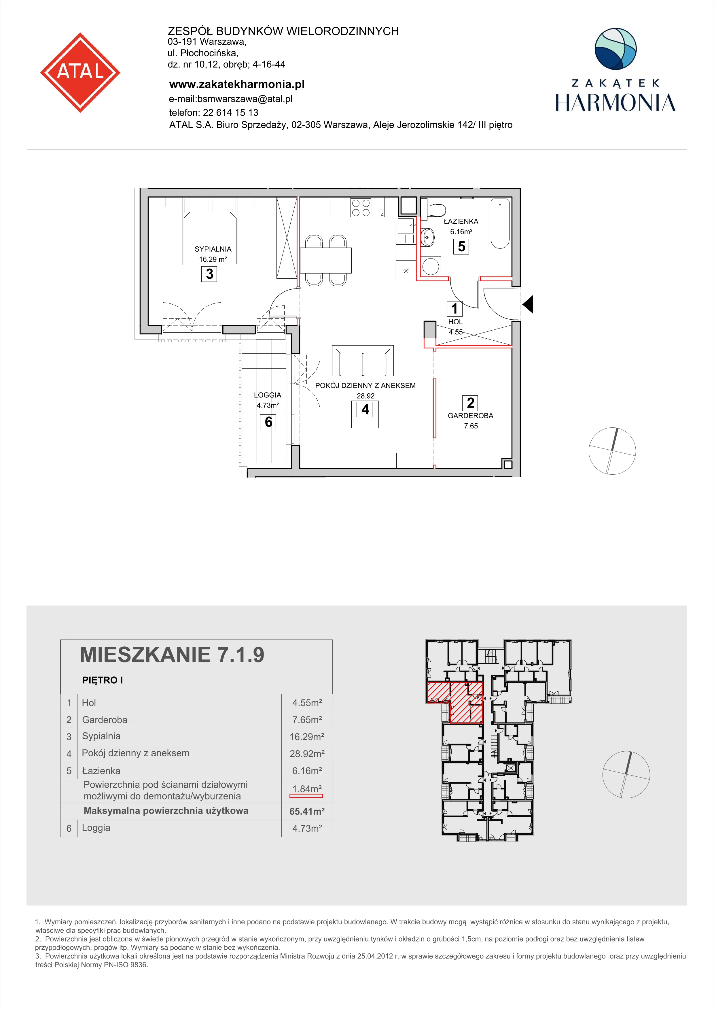 Mieszkanie 65,50 m², piętro 1, oferta nr 7-1-9, Zakątek Harmonia II, Warszawa, Białołęka, Szamocin, ul. Płochocińska