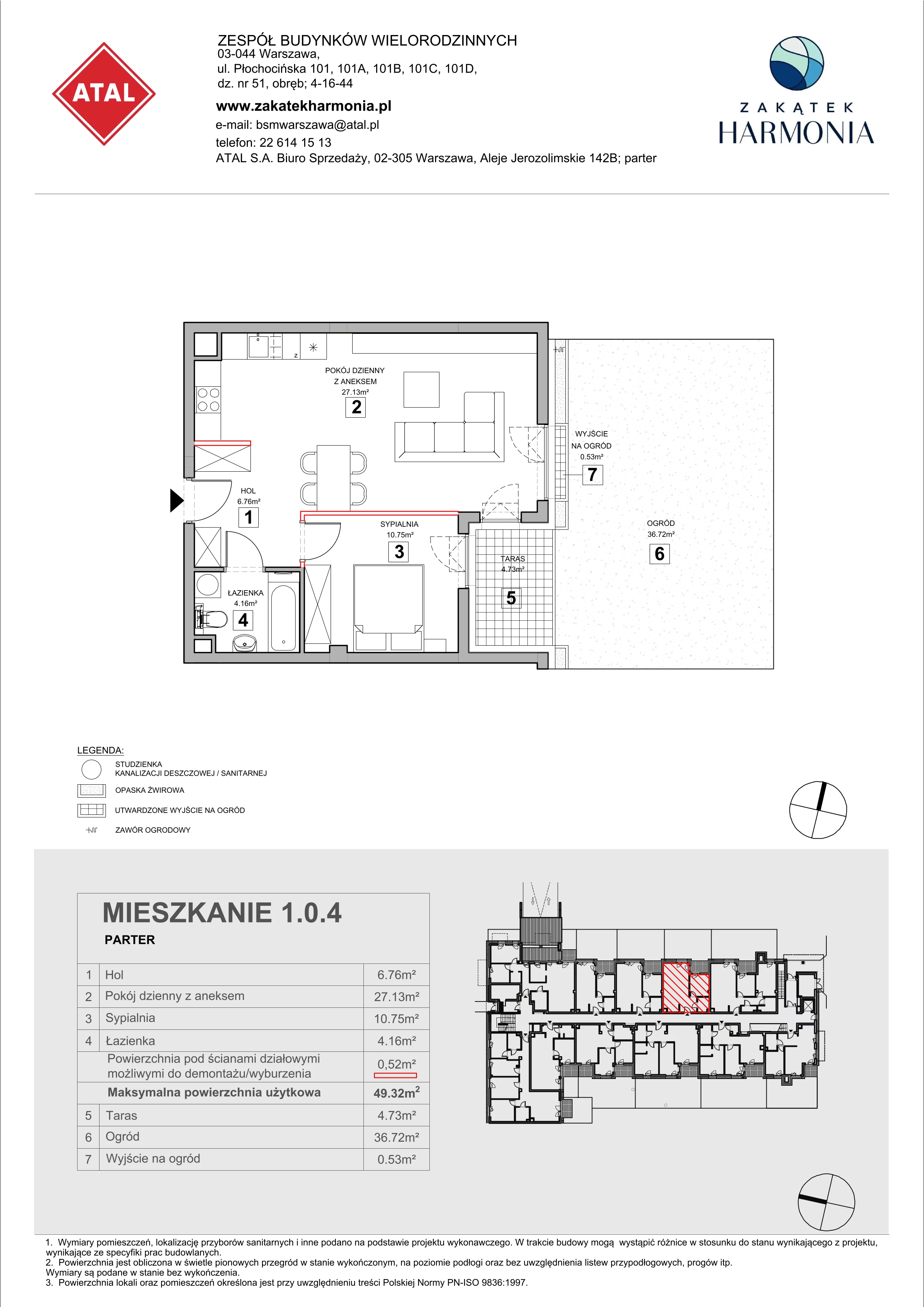 2 pokoje, mieszkanie 49,32 m², parter, oferta nr 1.0.4, Zakątek Harmonia III, Warszawa, Białołęka, Szamocin, ul. Płochocińska