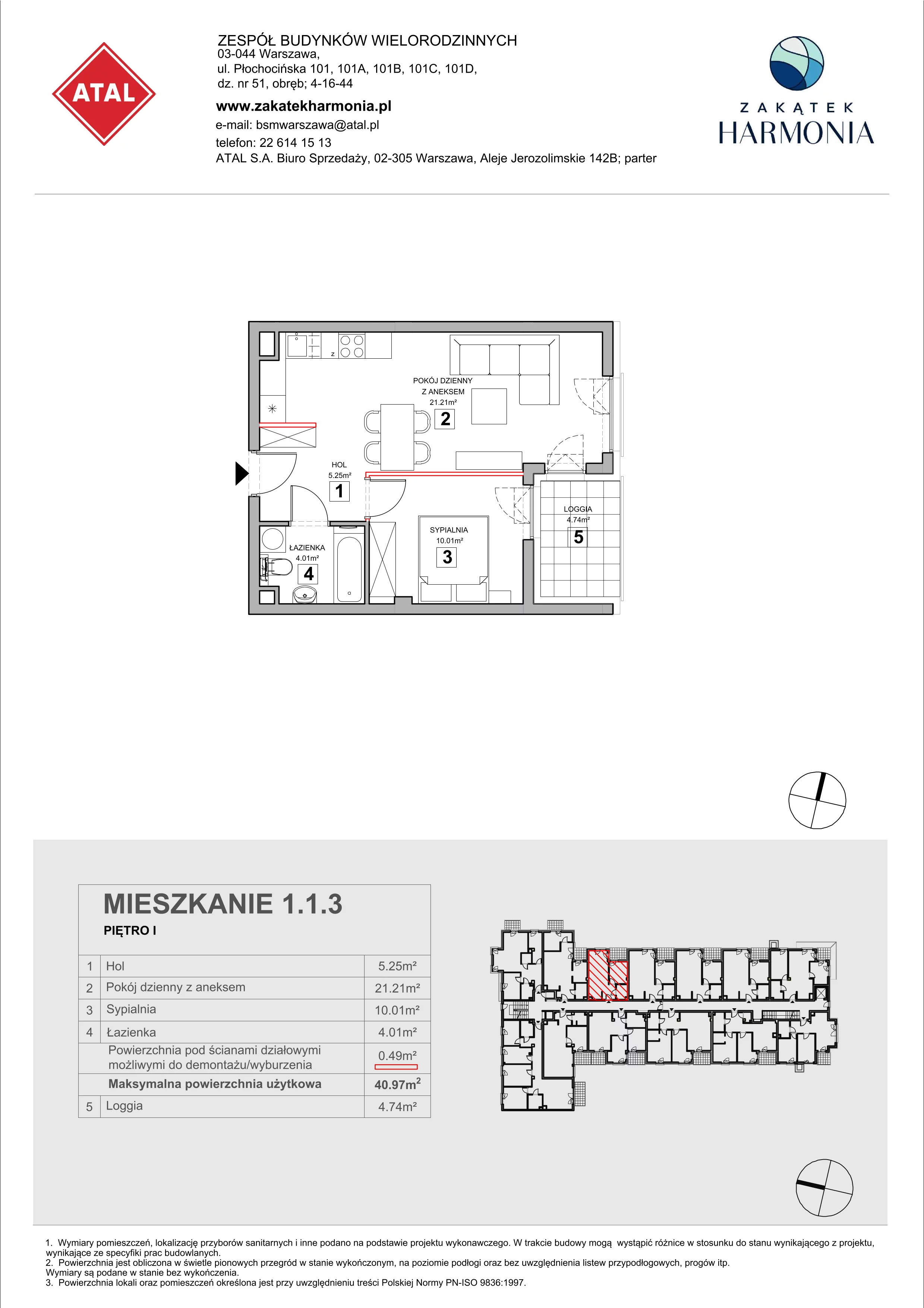 2 pokoje, mieszkanie 40,97 m², piętro 1, oferta nr 1.1.3, Zakątek Harmonia III, Warszawa, Białołęka, Szamocin, ul. Płochocińska