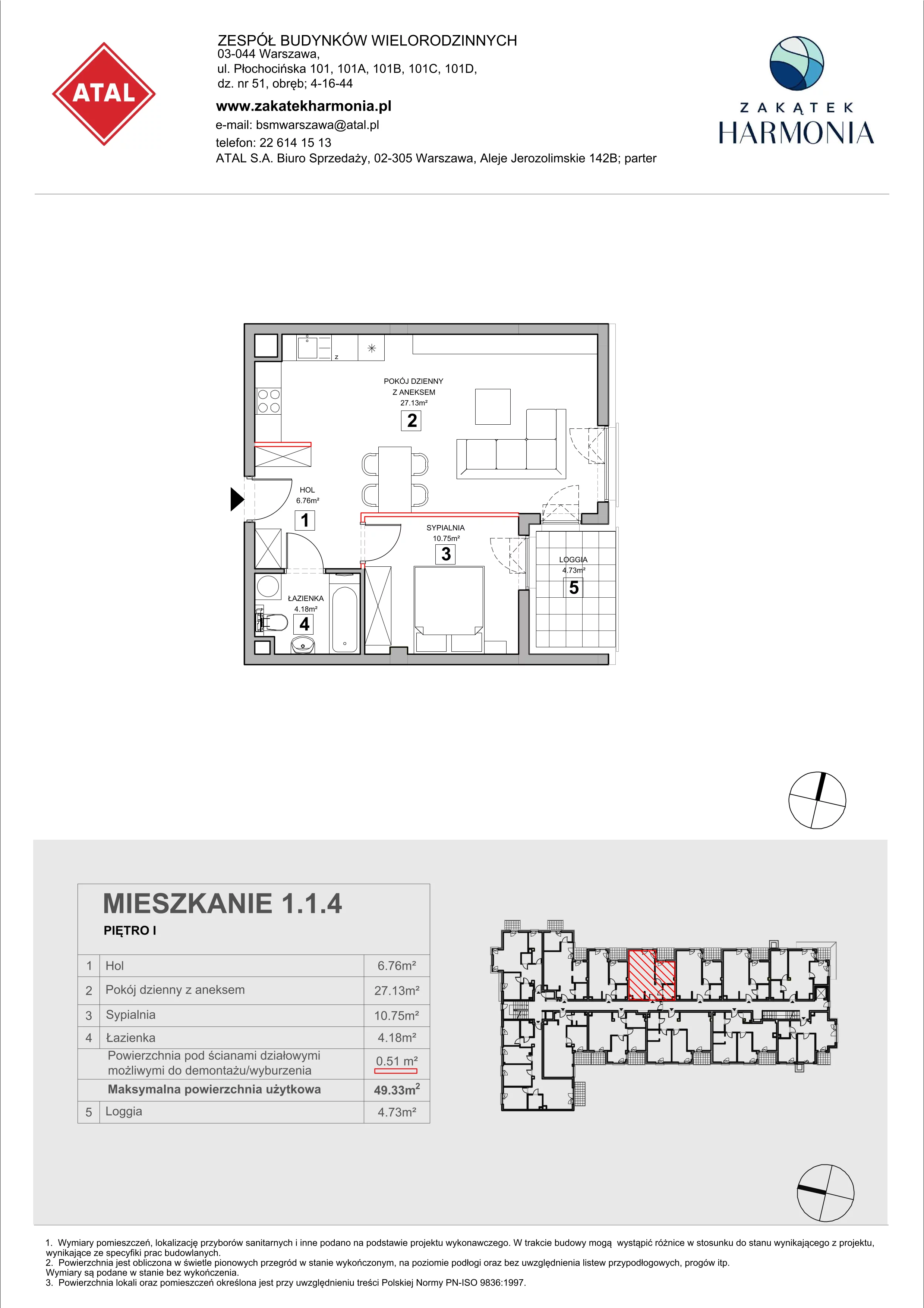 2 pokoje, mieszkanie 49,33 m², piętro 1, oferta nr 1.1.4, Zakątek Harmonia III, Warszawa, Białołęka, Szamocin, ul. Płochocińska