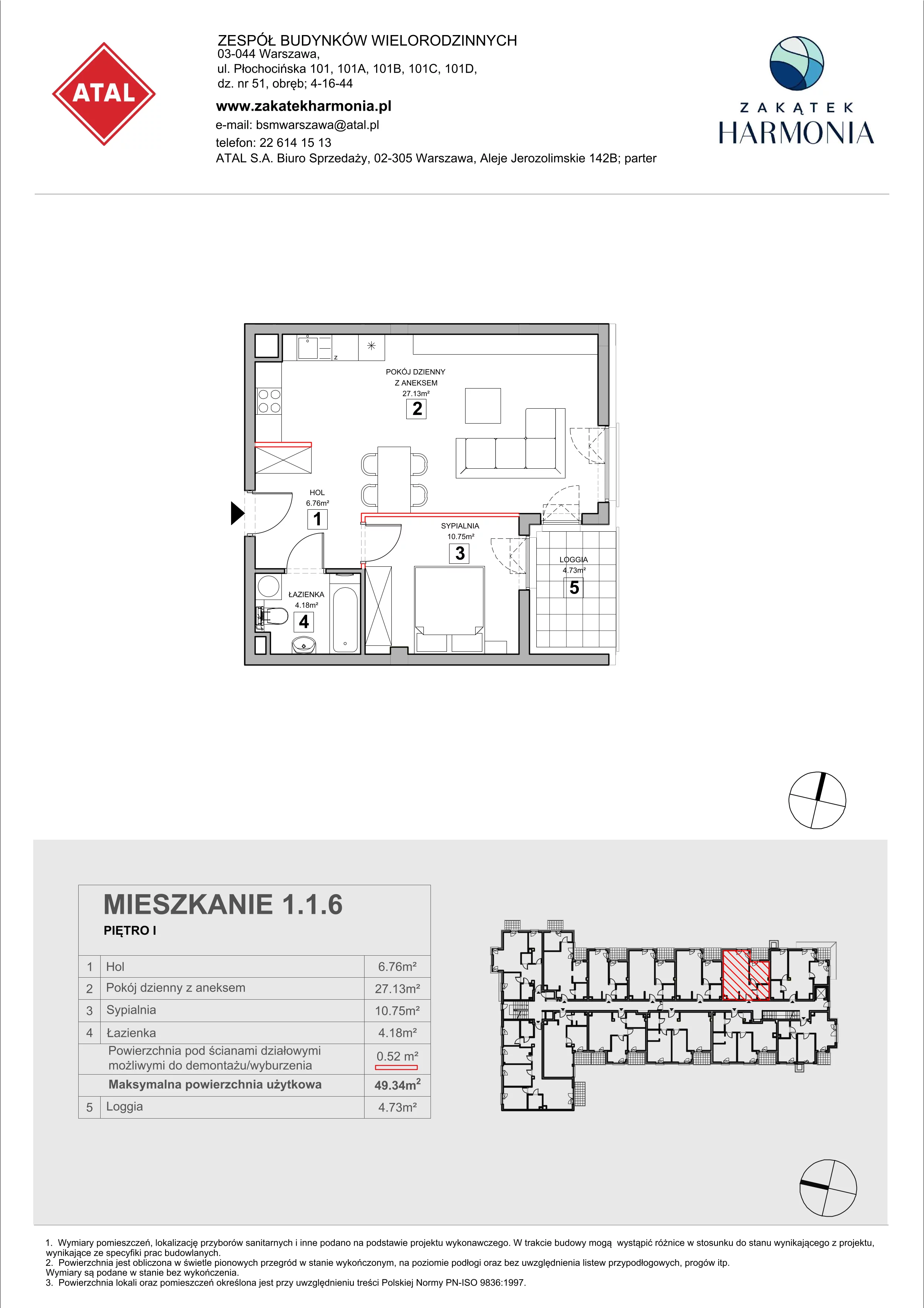 2 pokoje, mieszkanie 49,34 m², piętro 1, oferta nr 1.1.6, Zakątek Harmonia III, Warszawa, Białołęka, Szamocin, ul. Płochocińska