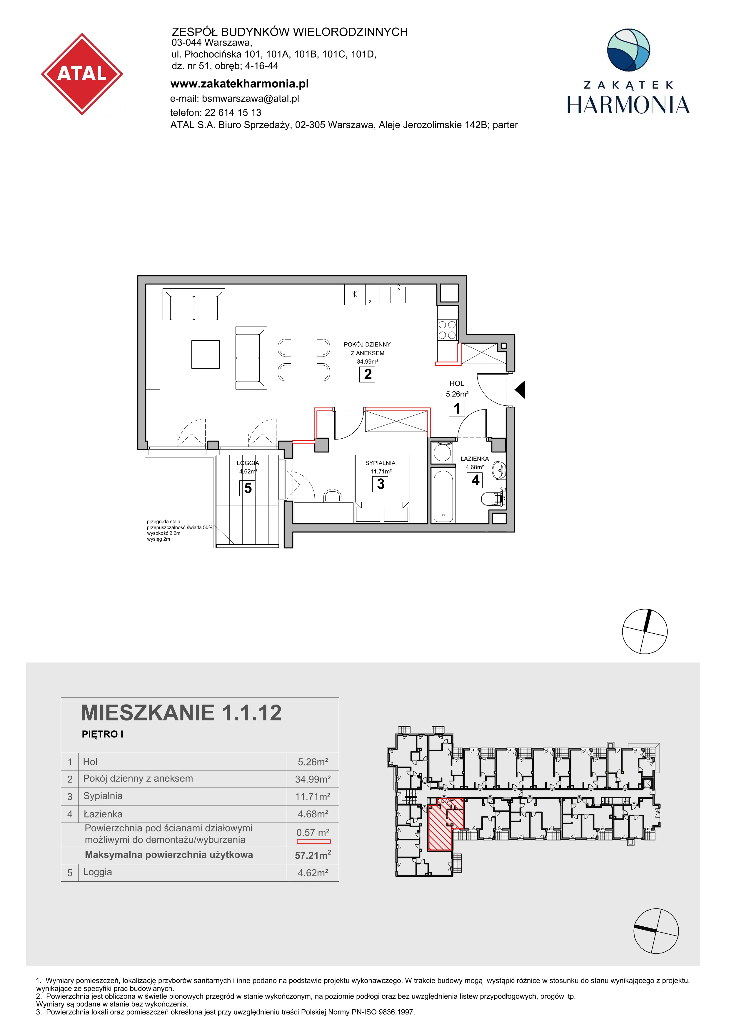 2 pokoje, mieszkanie 57,21 m², piętro 1, oferta nr 1.1.12, Zakątek Harmonia III, Warszawa, Białołęka, Szamocin, ul. Płochocińska