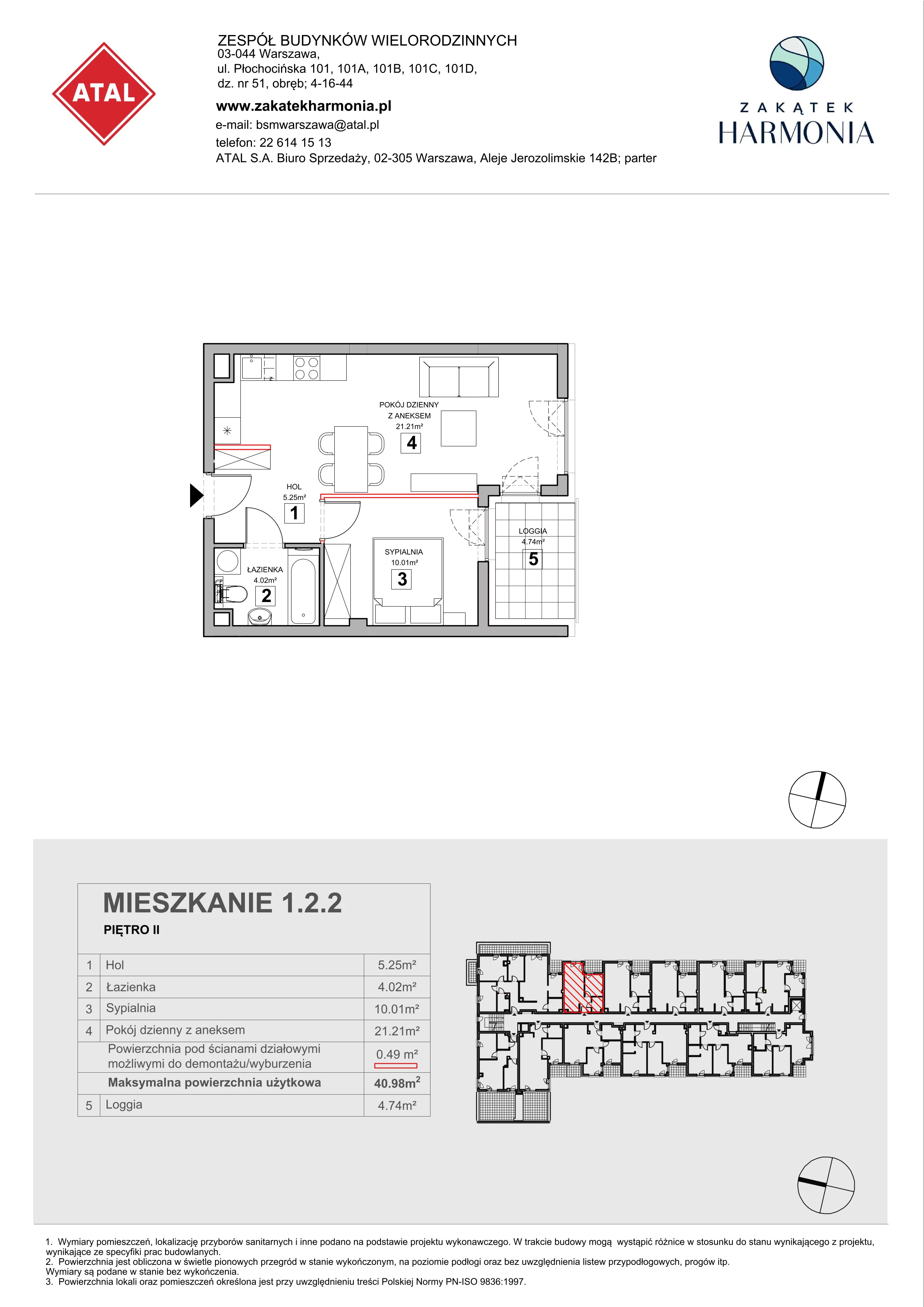 2 pokoje, mieszkanie 40,98 m², piętro 2, oferta nr 1.2.2, Zakątek Harmonia III, Warszawa, Białołęka, Szamocin, ul. Płochocińska