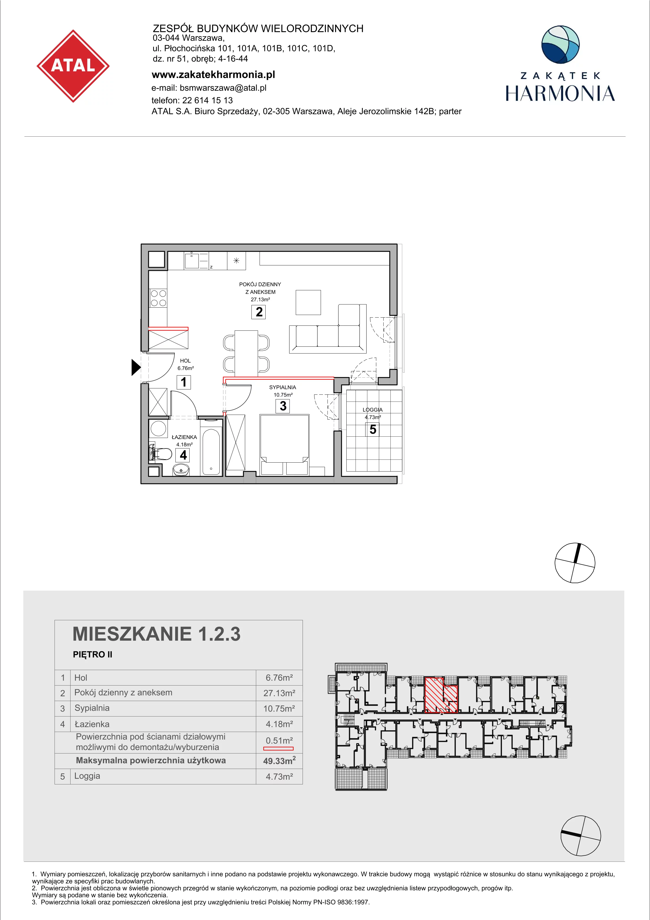 2 pokoje, mieszkanie 49,33 m², piętro 2, oferta nr 1.2.3, Zakątek Harmonia III, Warszawa, Białołęka, Szamocin, ul. Płochocińska