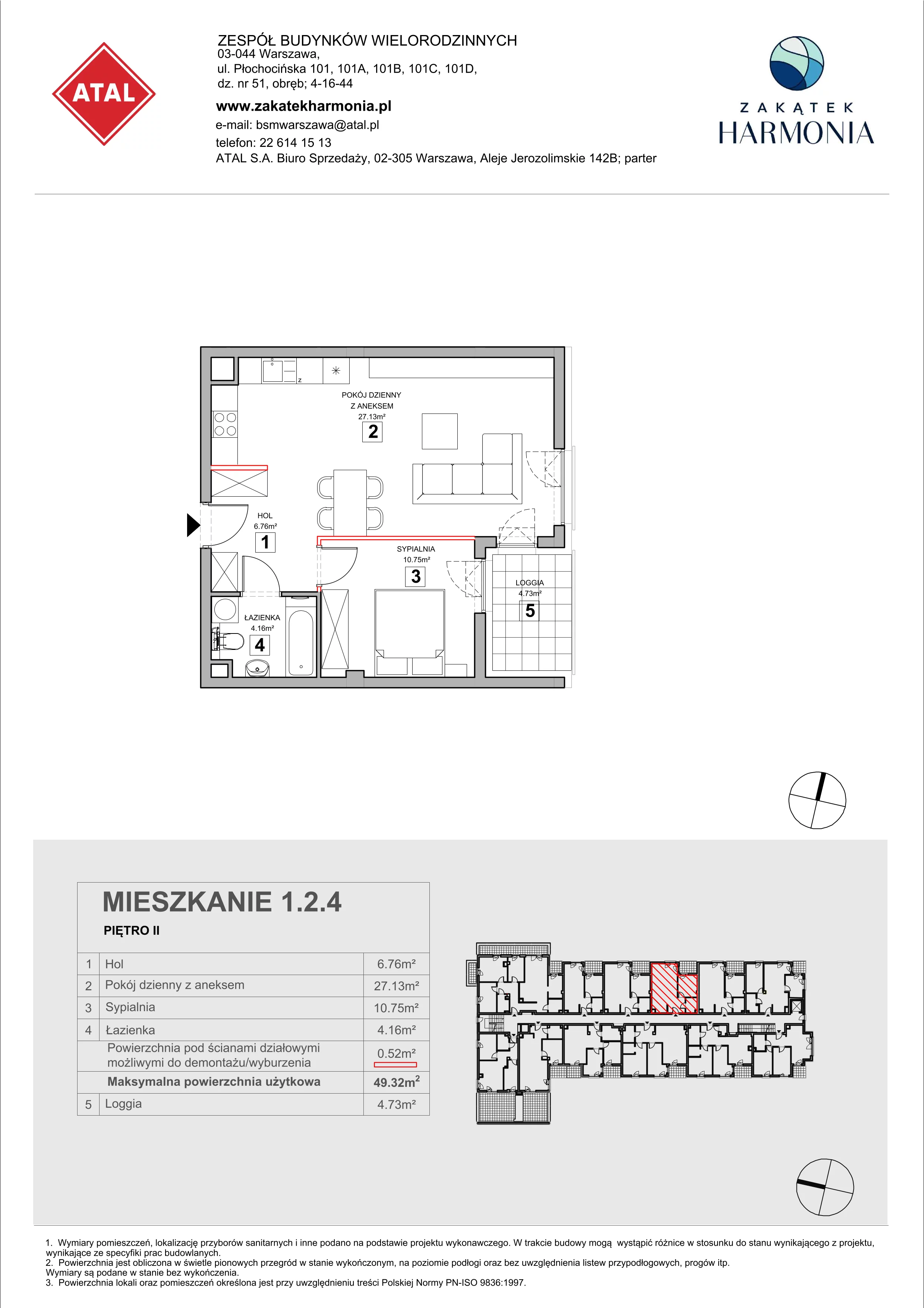 2 pokoje, mieszkanie 49,32 m², piętro 2, oferta nr 1.2.4, Zakątek Harmonia III, Warszawa, Białołęka, Szamocin, ul. Płochocińska