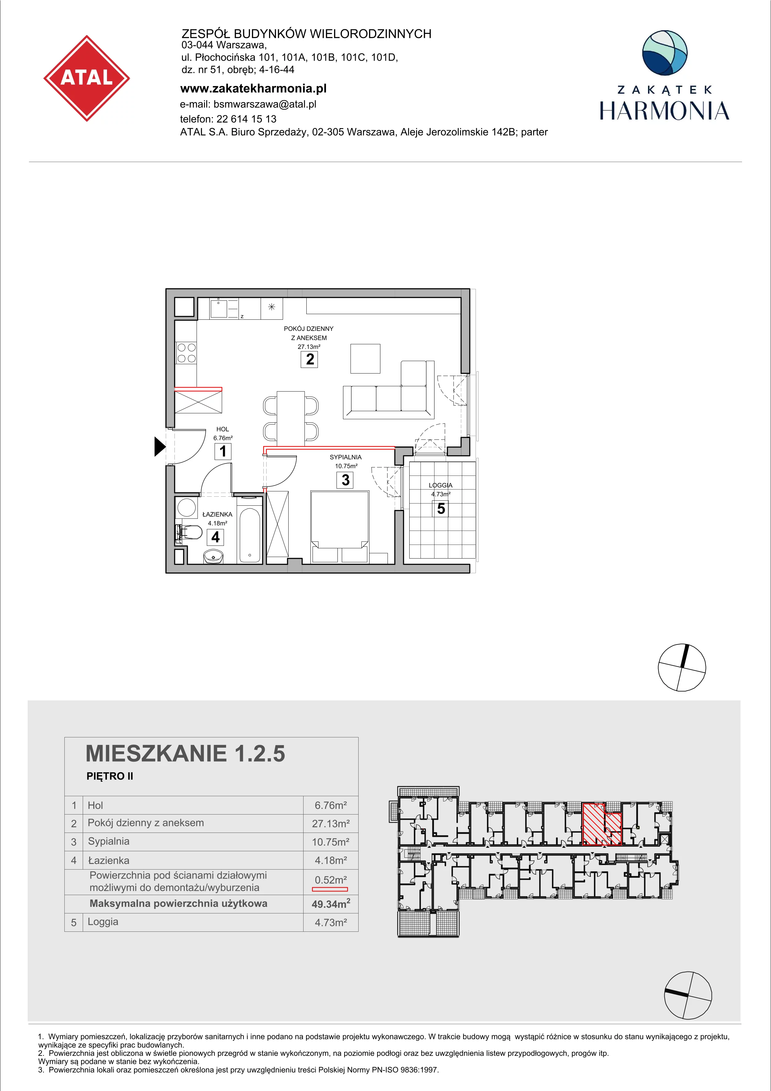 2 pokoje, mieszkanie 49,34 m², piętro 2, oferta nr 1.2.5, Zakątek Harmonia III, Warszawa, Białołęka, Szamocin, ul. Płochocińska